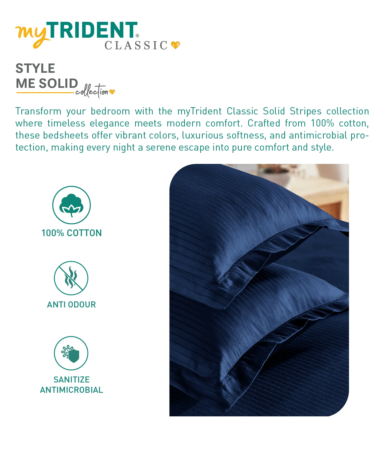 Classic Stripe Solid King Bedsheet Set, Iron Blue|210 TC Cotton| 2 Pillow Covers - Image 6