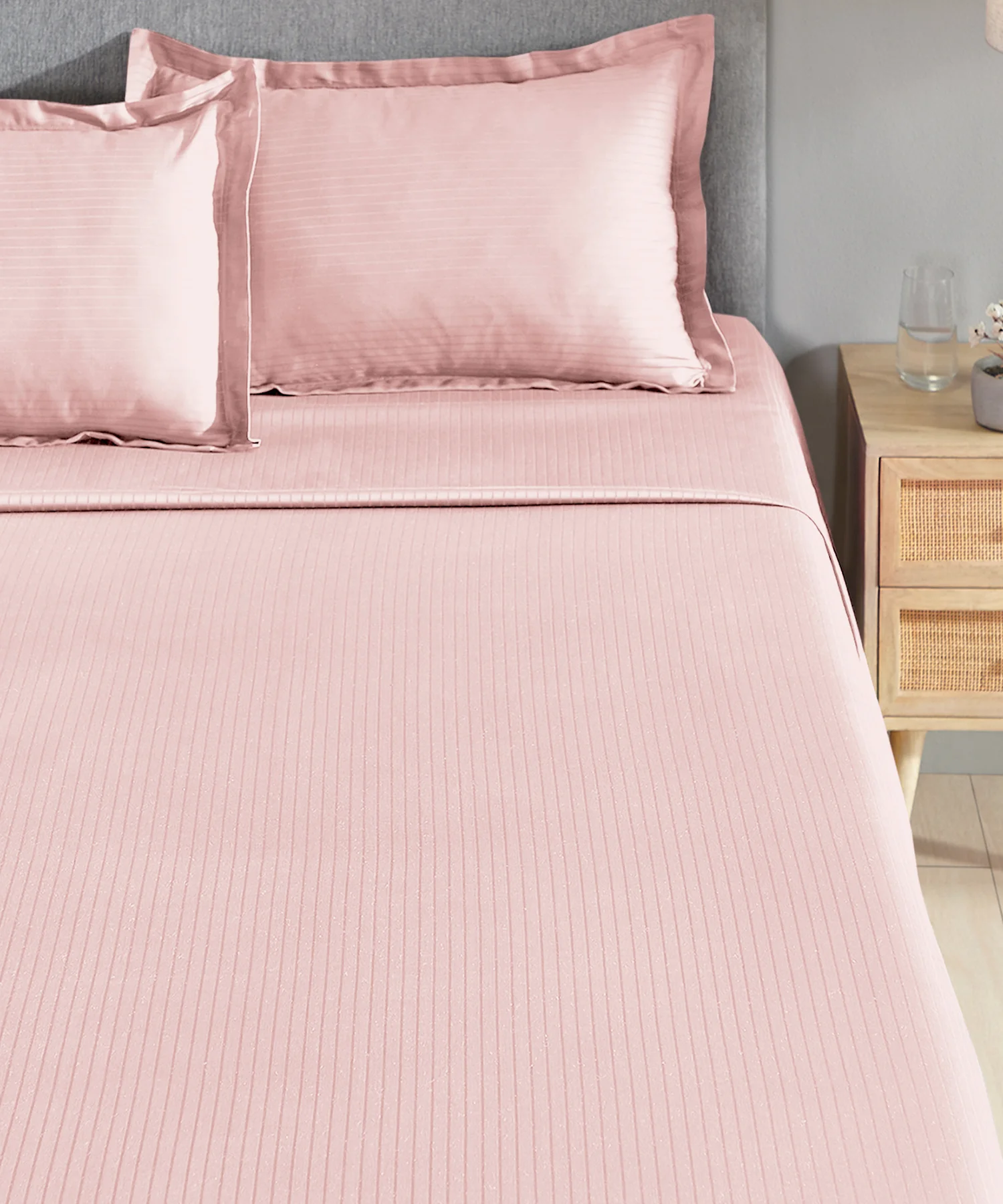 Classic Stripe Solid King Bedsheet Set, Pale Mauve|210 TC Cotton| 2 Pillow Covers - Image 2