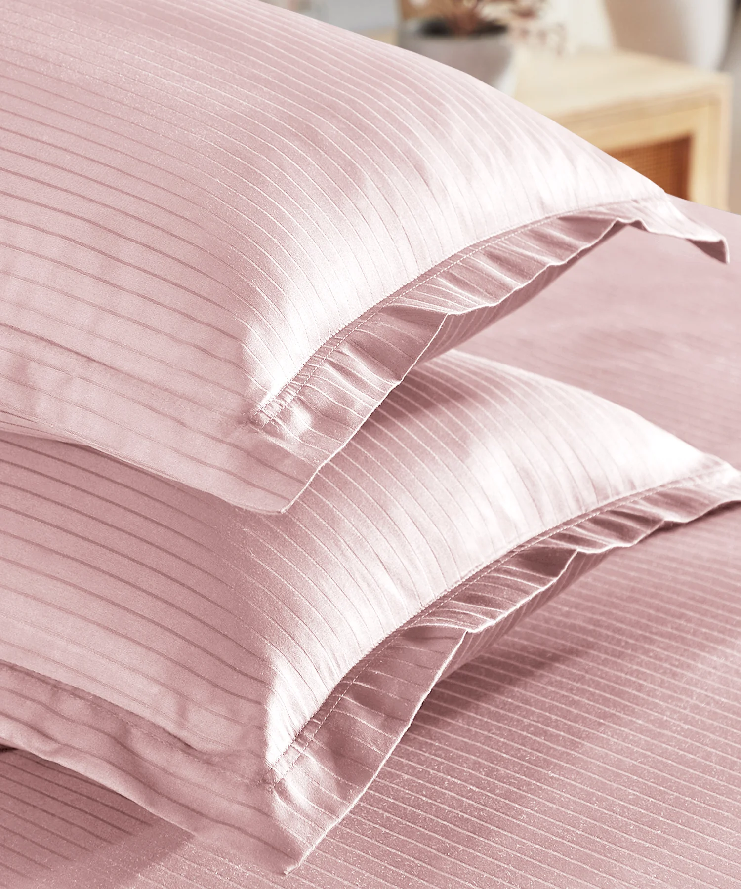 Classic Stripe Solid King Bedsheet Set, Pale Mauve|210 TC Cotton| 2 Pillow Covers - Image 3