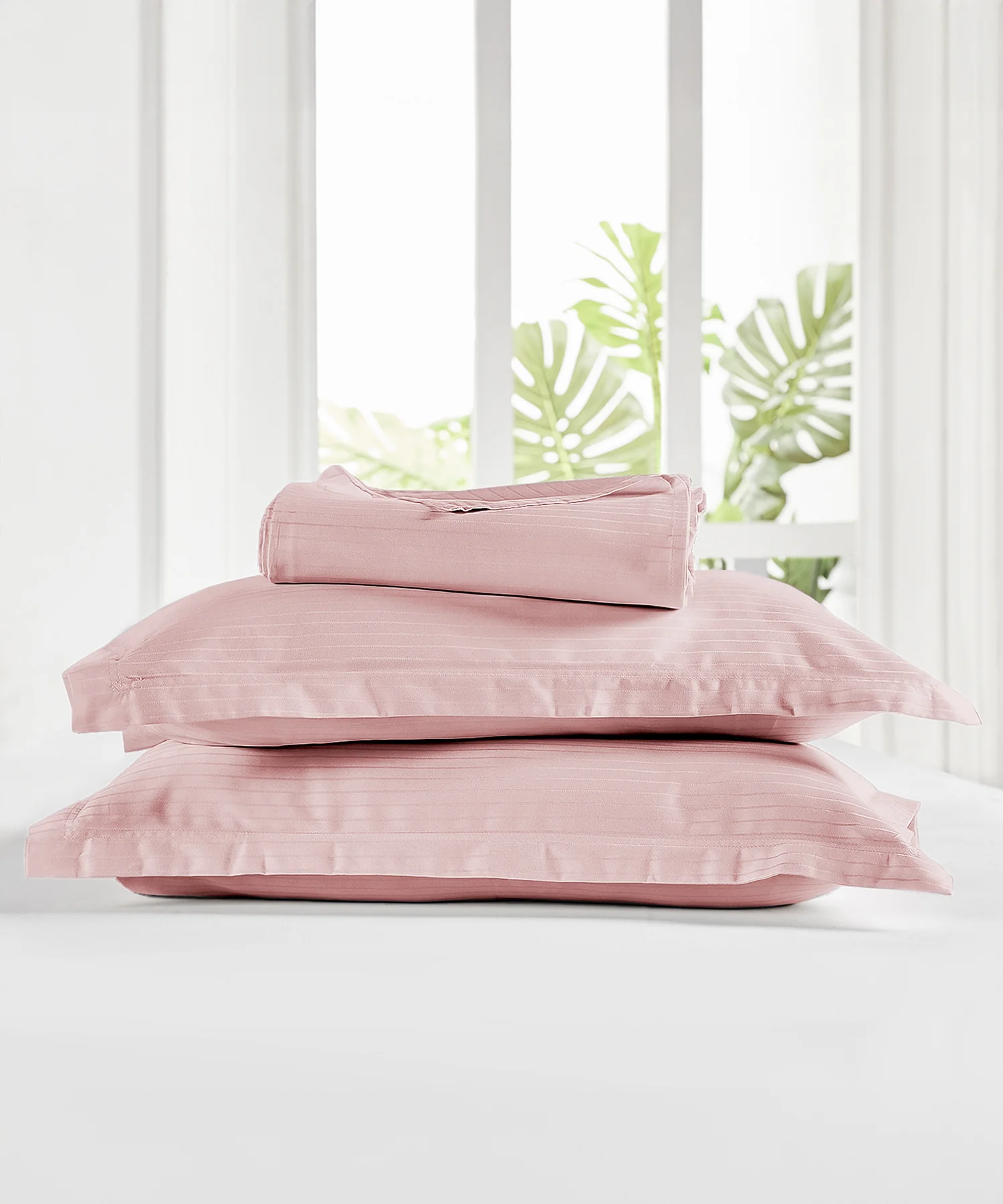 Classic Stripe Solid King Bedsheet Set, Pale Mauve|210 TC Cotton| 2 Pillow Covers - Image 4