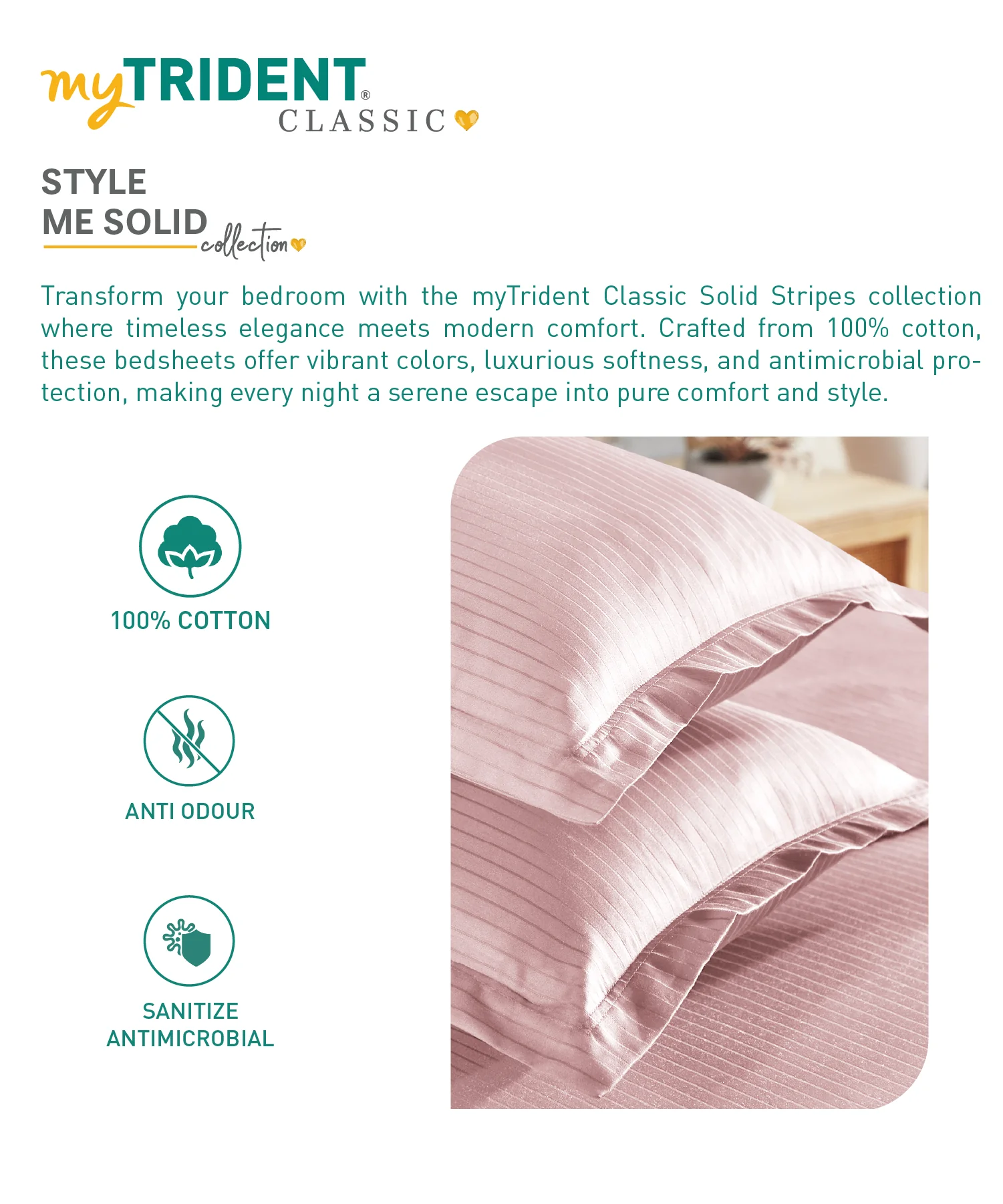Classic Stripe Solid King Bedsheet Set, Pale Mauve|210 TC Cotton| 2 Pillow Covers - Image 6