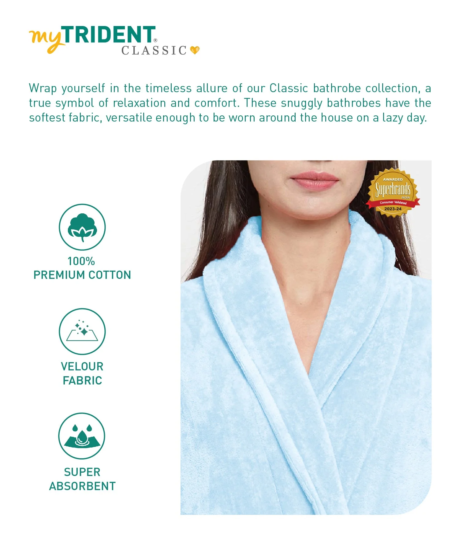 Classic Unisex Large Bathrobe, Pure Aqua| 300 GSM Cotton| Velvet Touch - Image 5