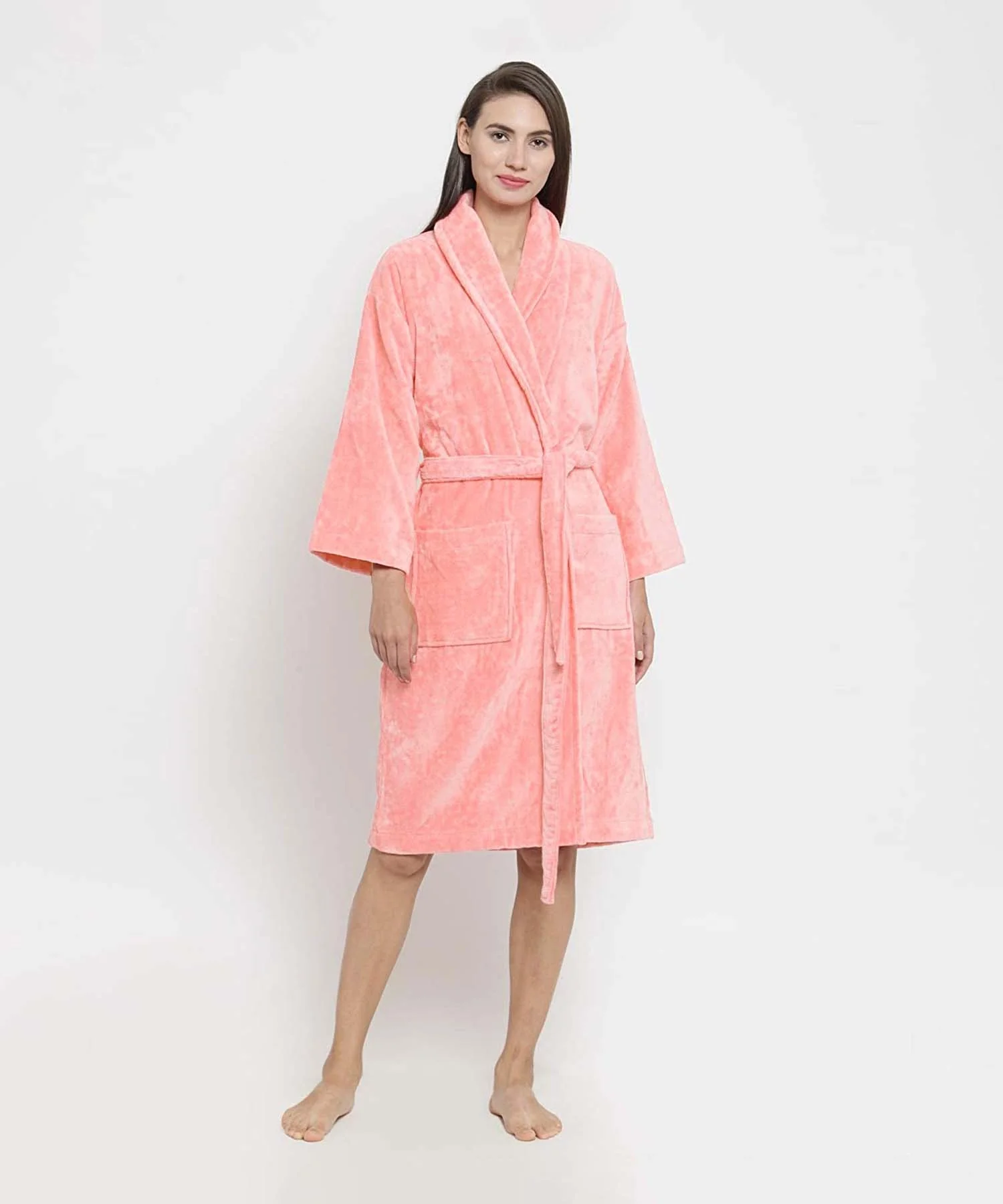 Classic Unisex Large Bathrobe, Tender Peach| 300 GSM Cotton| Velvet Touch - Image 3