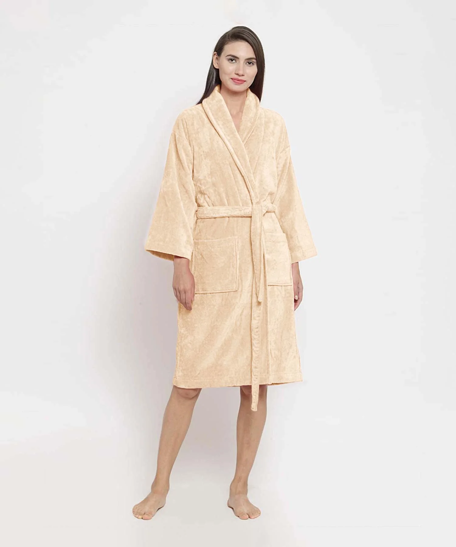 Classic Unisex Medium Bathrobe, Bleached Sand| 300 GSM Cotton| Velvet Touch - Image 3