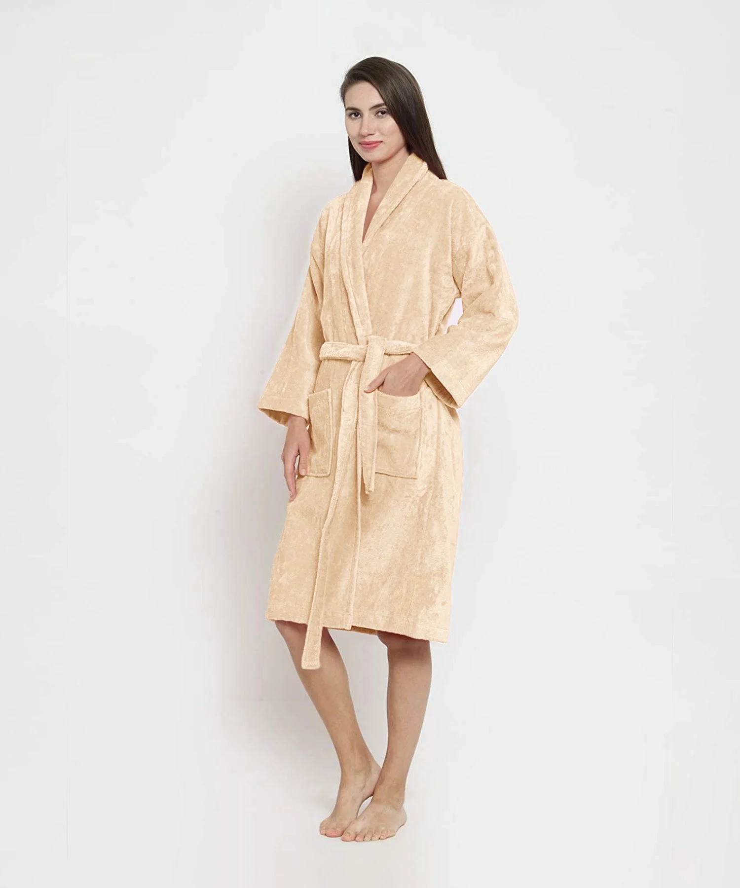 Classic Unisex Medium Bathrobe, Bleached Sand| 300 GSM Cotton| Velvet Touch - Image 4