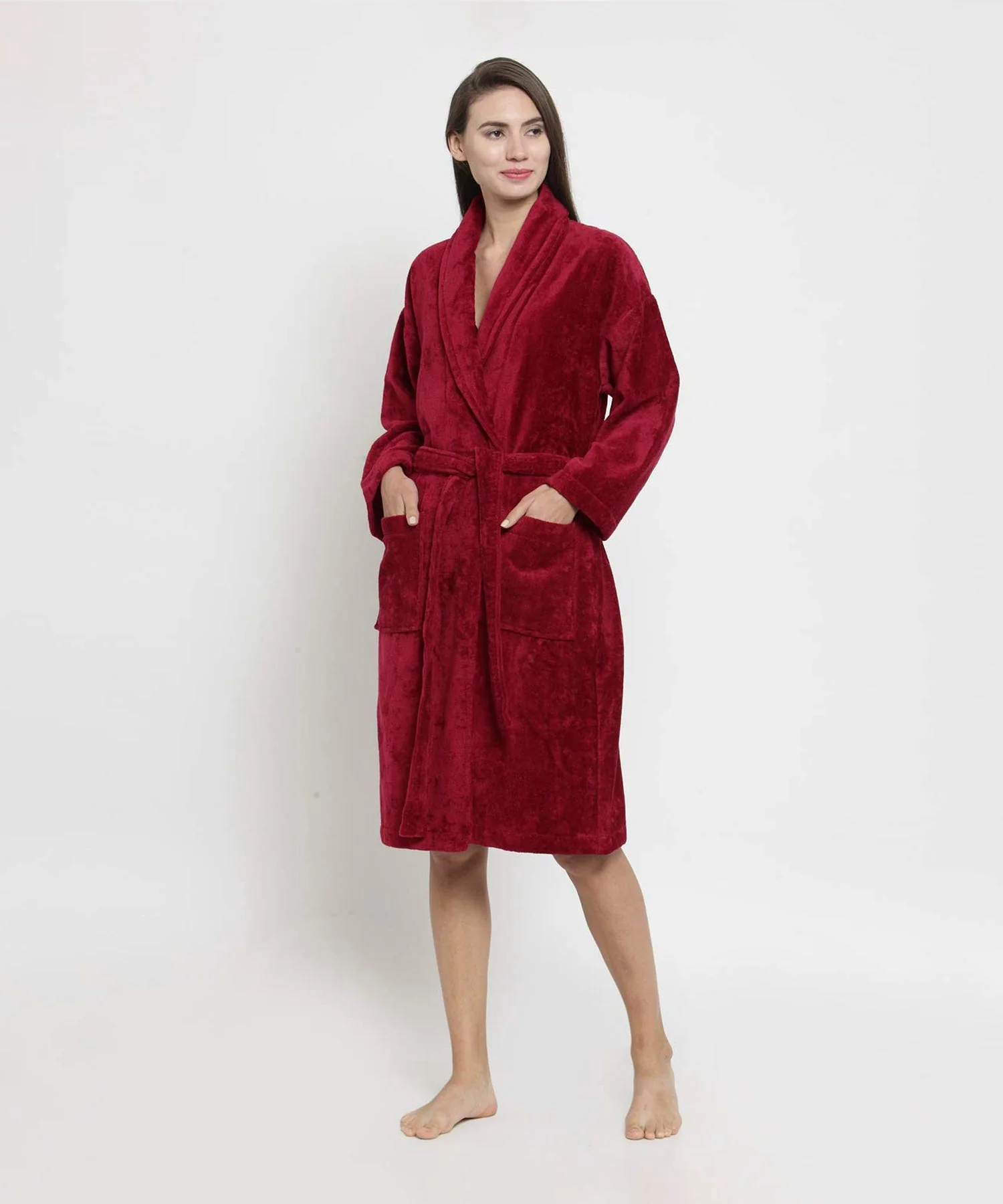 Classic Unisex Medium Bathrobe, Respberry Red| 300 GSM Cotton| Velvet Touch - Image 4