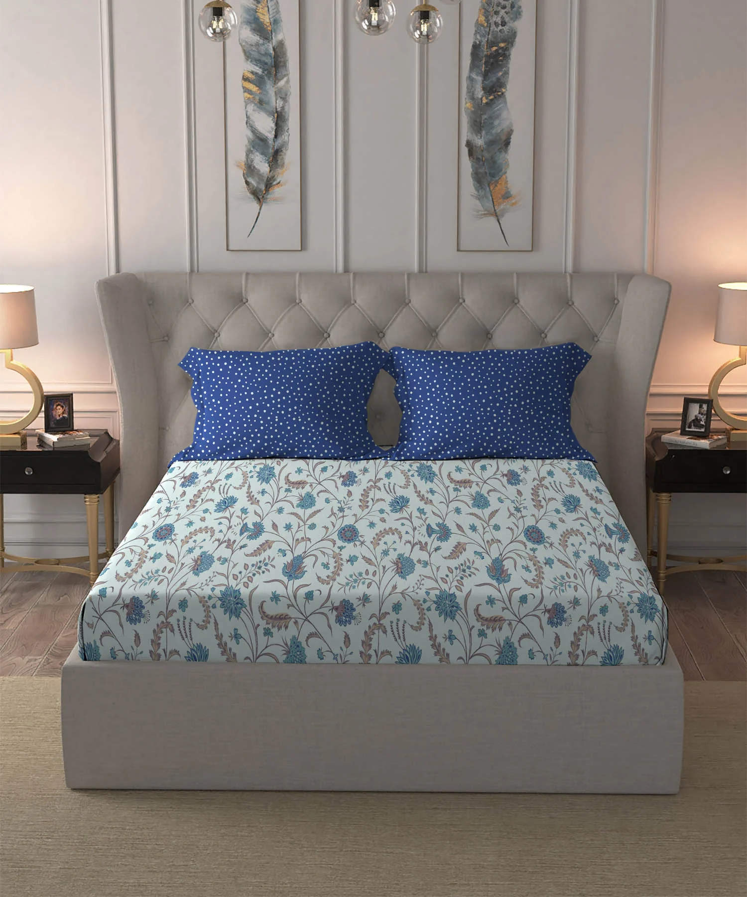 Dusk & Dawn Queen Bedsheet Set, Coromandel Blue| 144 TC Cotton|2 Pillow Covers - Image 2