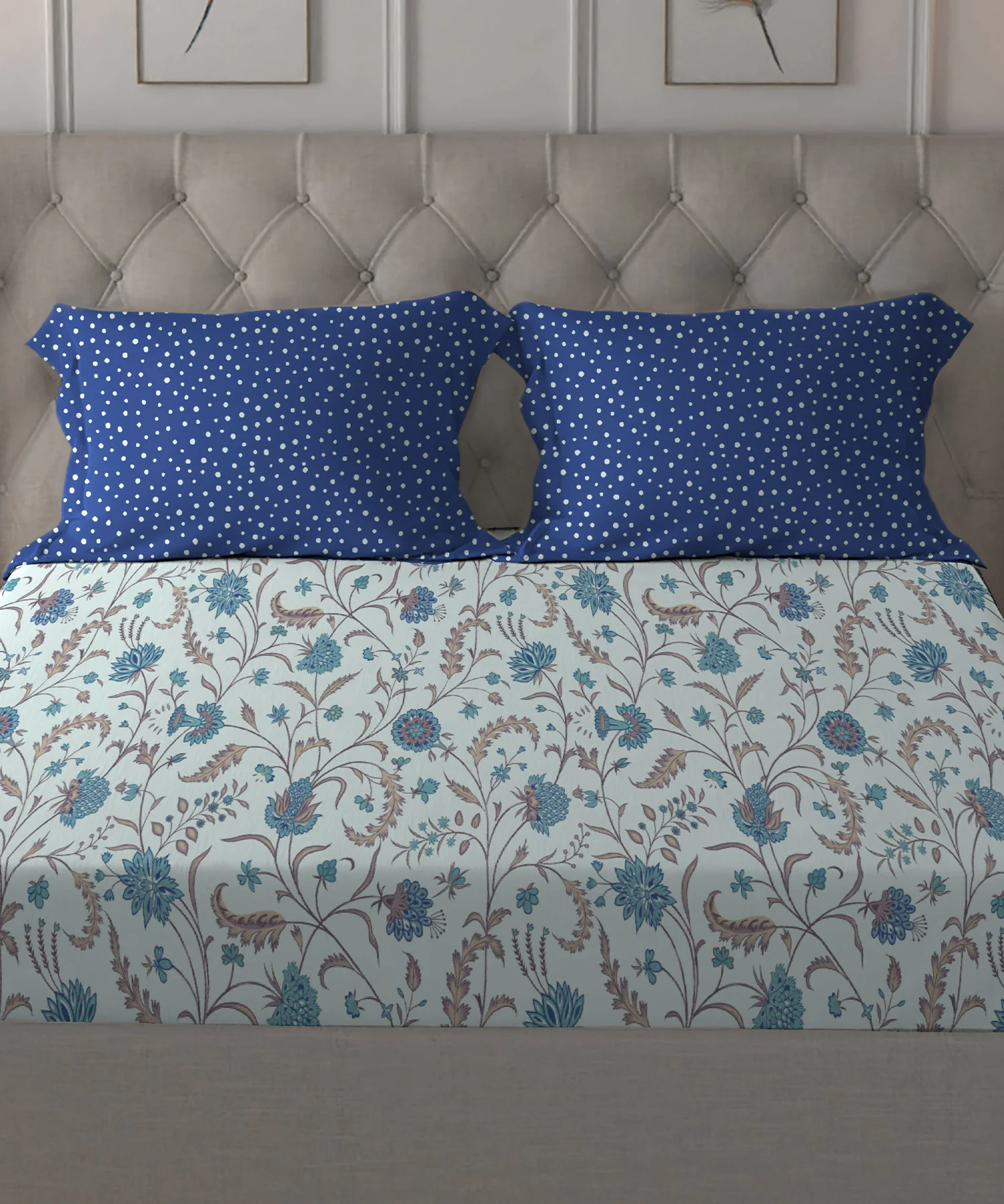 Dusk & Dawn Queen Bedsheet Set, Coromandel Blue| 144 TC Cotton|2 Pillow Covers - Image 4