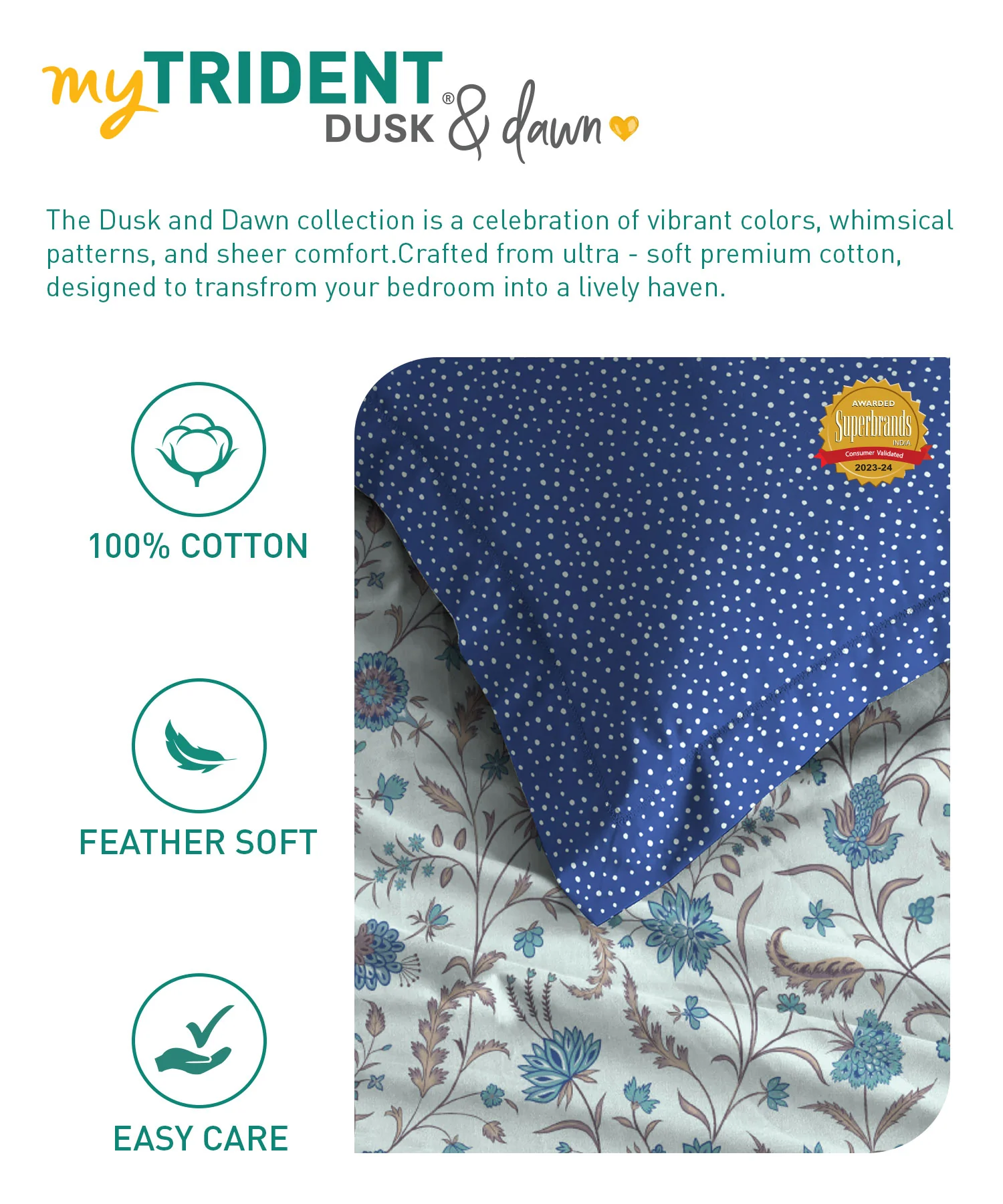 Dusk & Dawn Queen Bedsheet Set, Coromandel Blue| 144 TC Cotton|2 Pillow Covers - Image 6