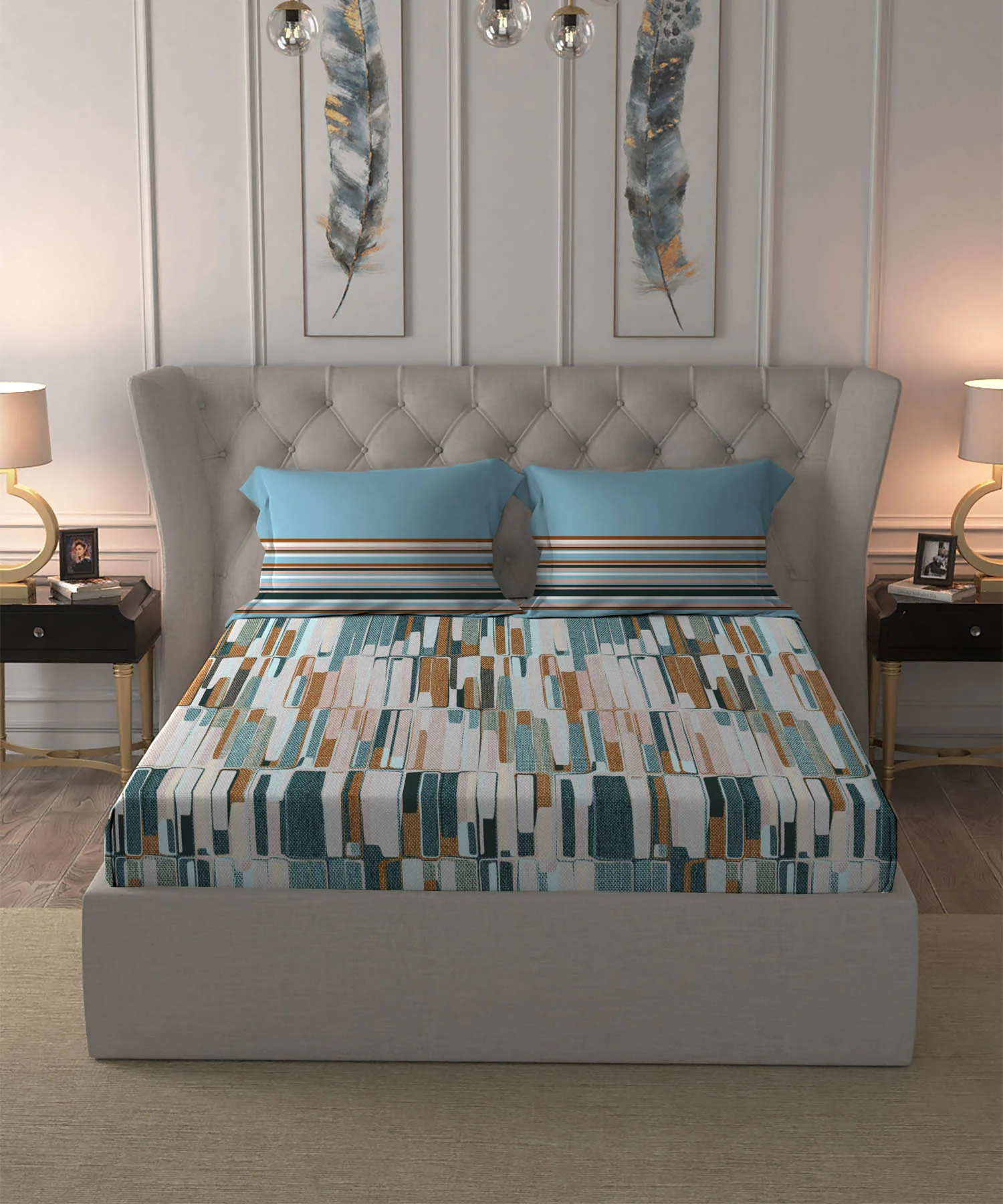 Dusk & Dawn Queen Bedsheet Set, Crossroads Blue| 144 TC Cotton|2 Pillow Covers - Image 2