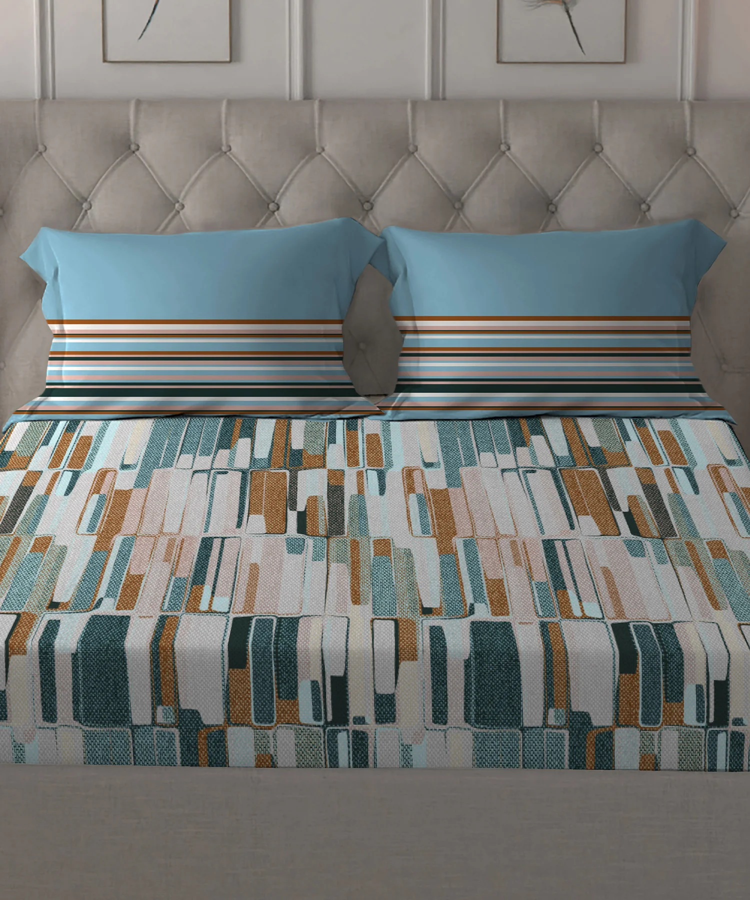 Dusk & Dawn Queen Bedsheet Set, Crossroads Blue| 144 TC Cotton|2 Pillow Covers - Image 4