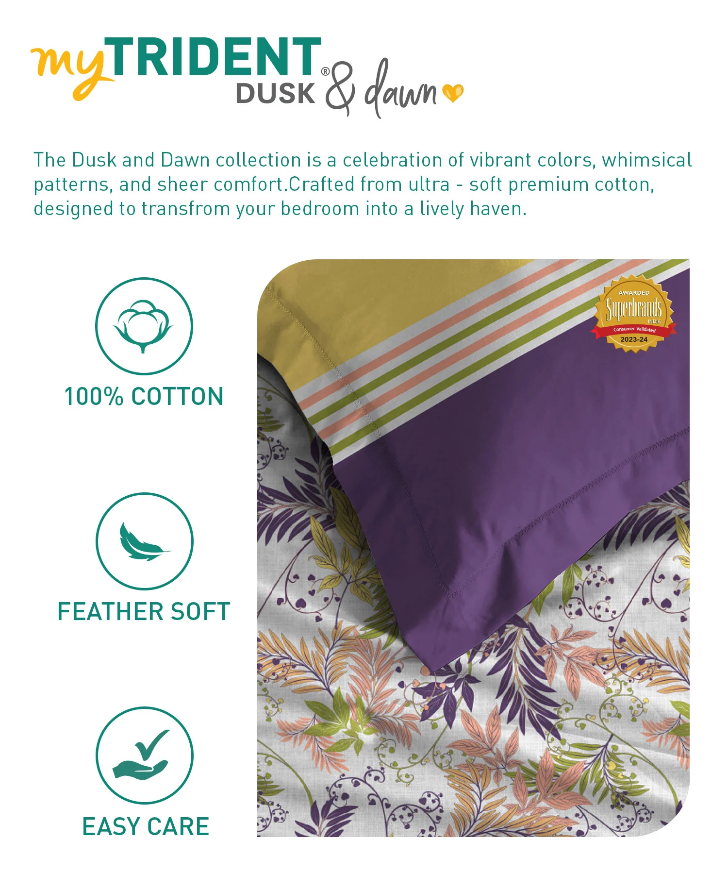 Dusk & Dawn Queen Bedsheet Set, Firefly Purple|144 TC Cotton|2 Pillow Covers - Image 6
