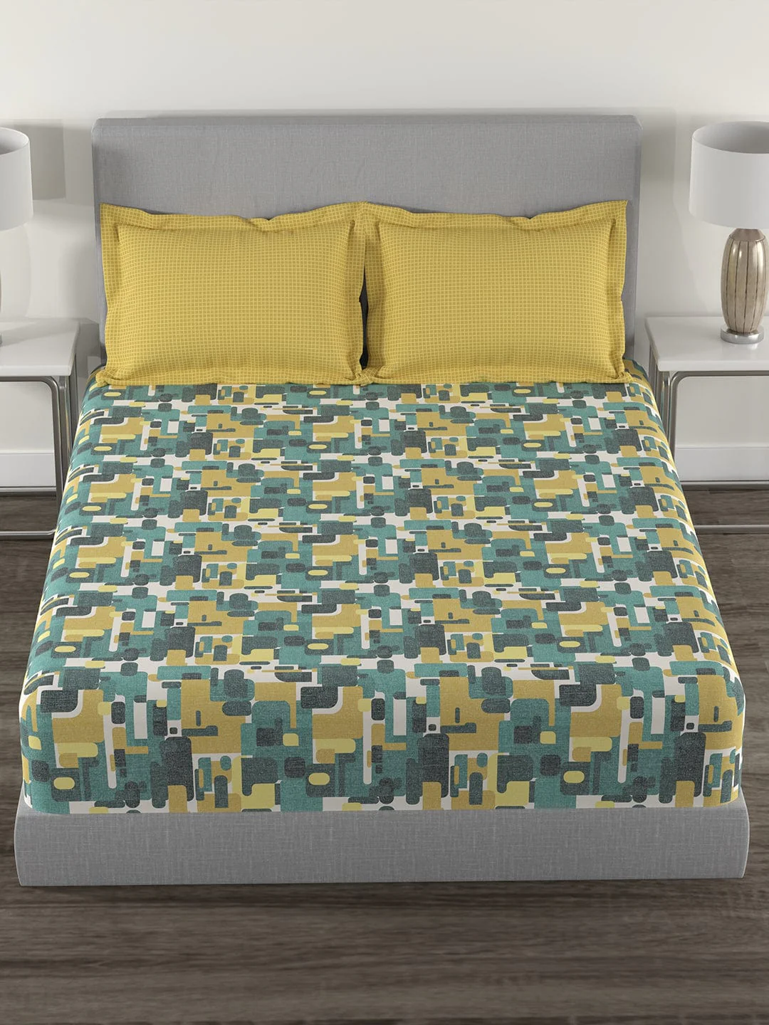 Epitome Fractal Queen Bedsheet With 2 Pillow Cover, 144TC, 100% Cotton, Yellow - Image 4