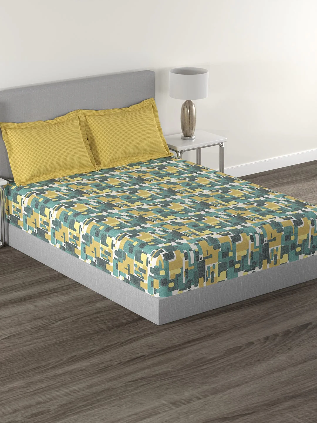 Epitome Fractal Queen Bedsheet With 2 Pillow Cover, 144TC, 100% Cotton, Yellow - Image 8