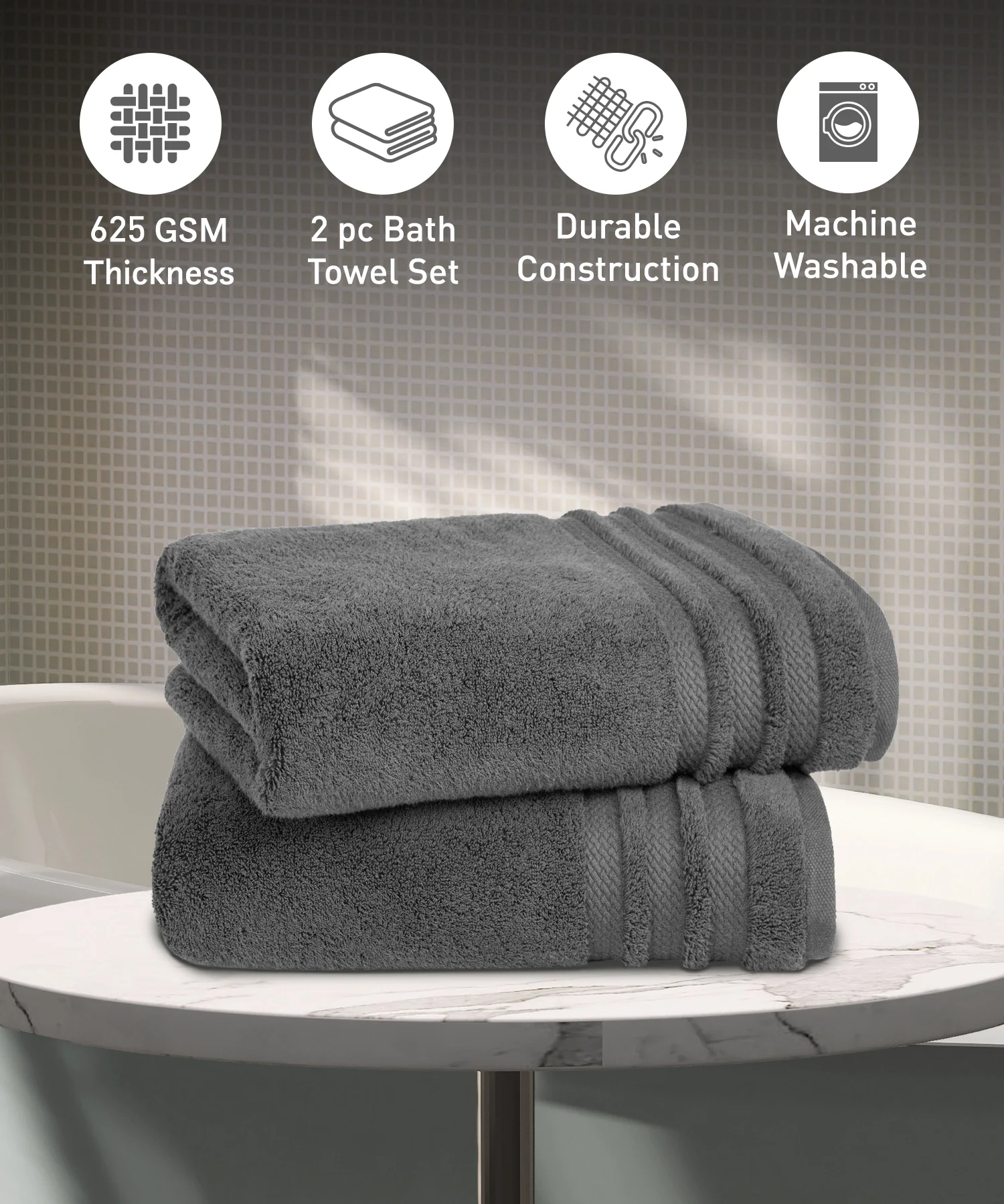Luxury 2 PC Bath Towel Set, Charcoal|625 GSM Cotton|Anti Microbial - Image 2
