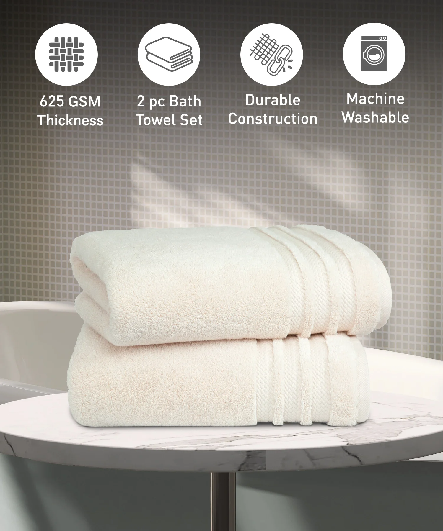 Luxury 2 PC Bath Towel Set, Linen|625 GSM Cotton|Anti Microbial - Image 2
