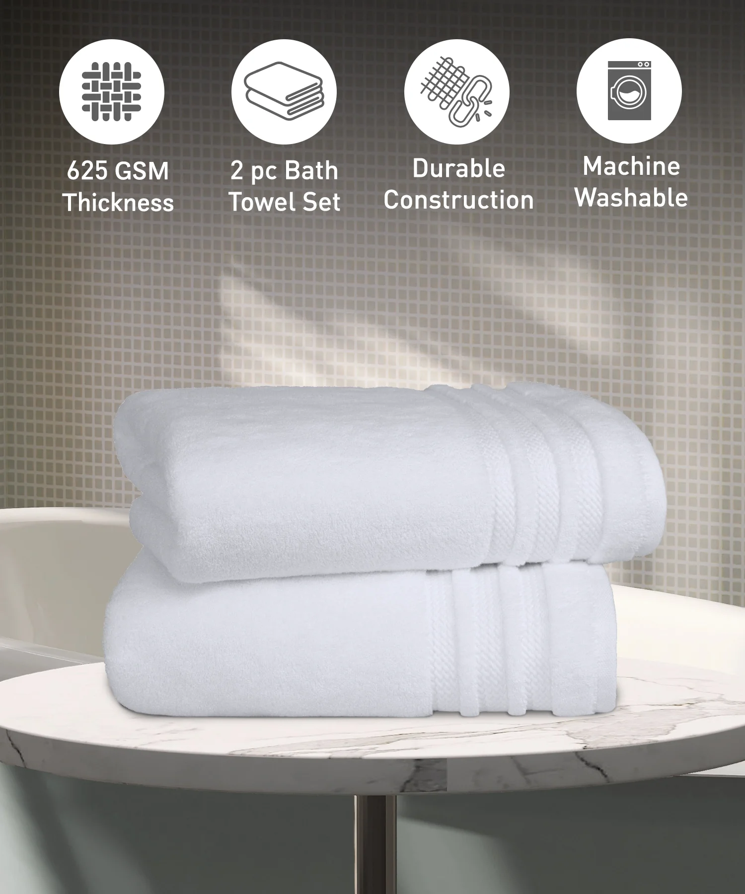 Luxury 2 PC Bath Towel Set, White|625 GSM Cotton|Anti Microbial - Image 2