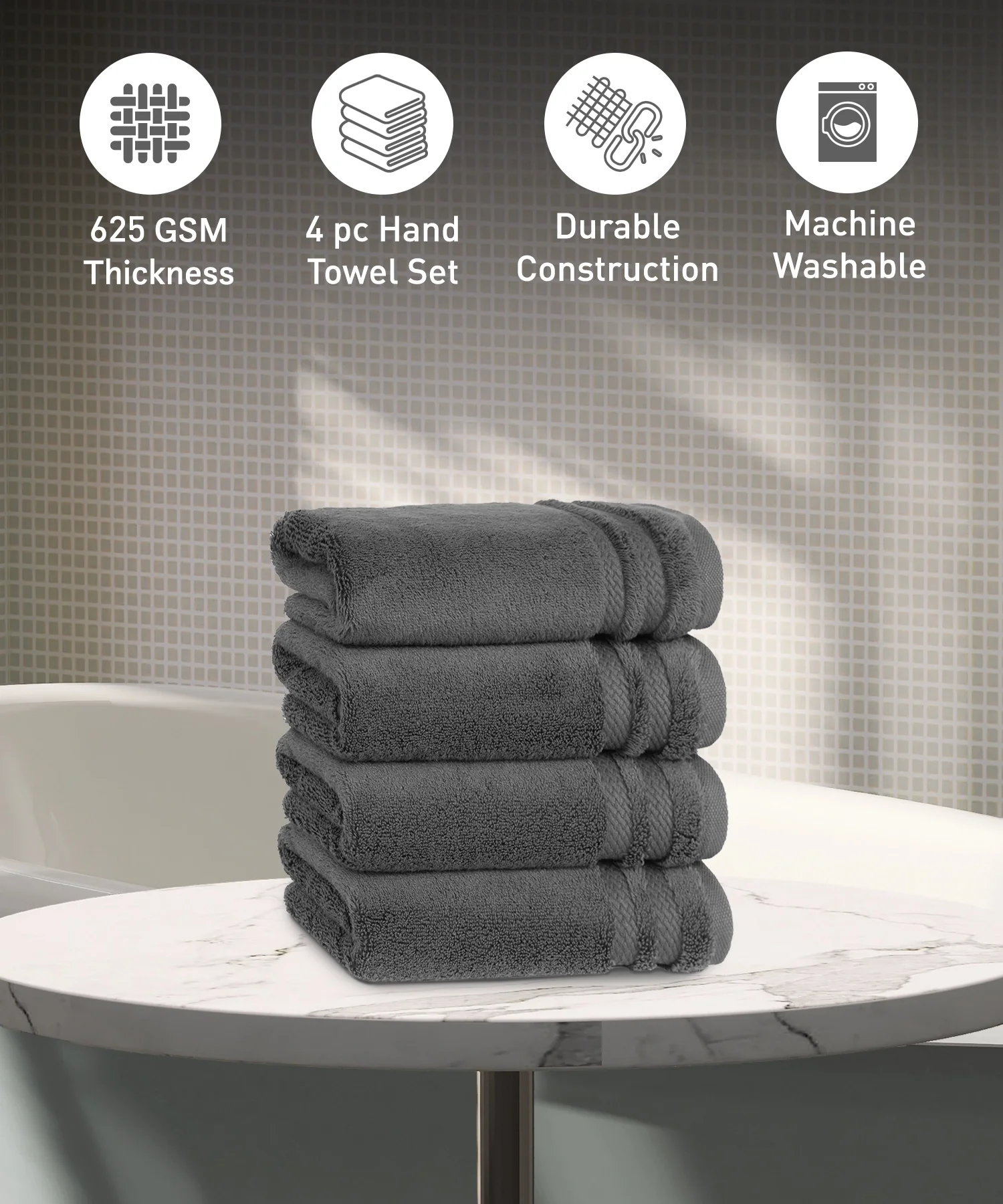 Luxury 4 PC Hand Towel Set, Charcoal|625 GSM Cotton|Anti Microbial - Image 2