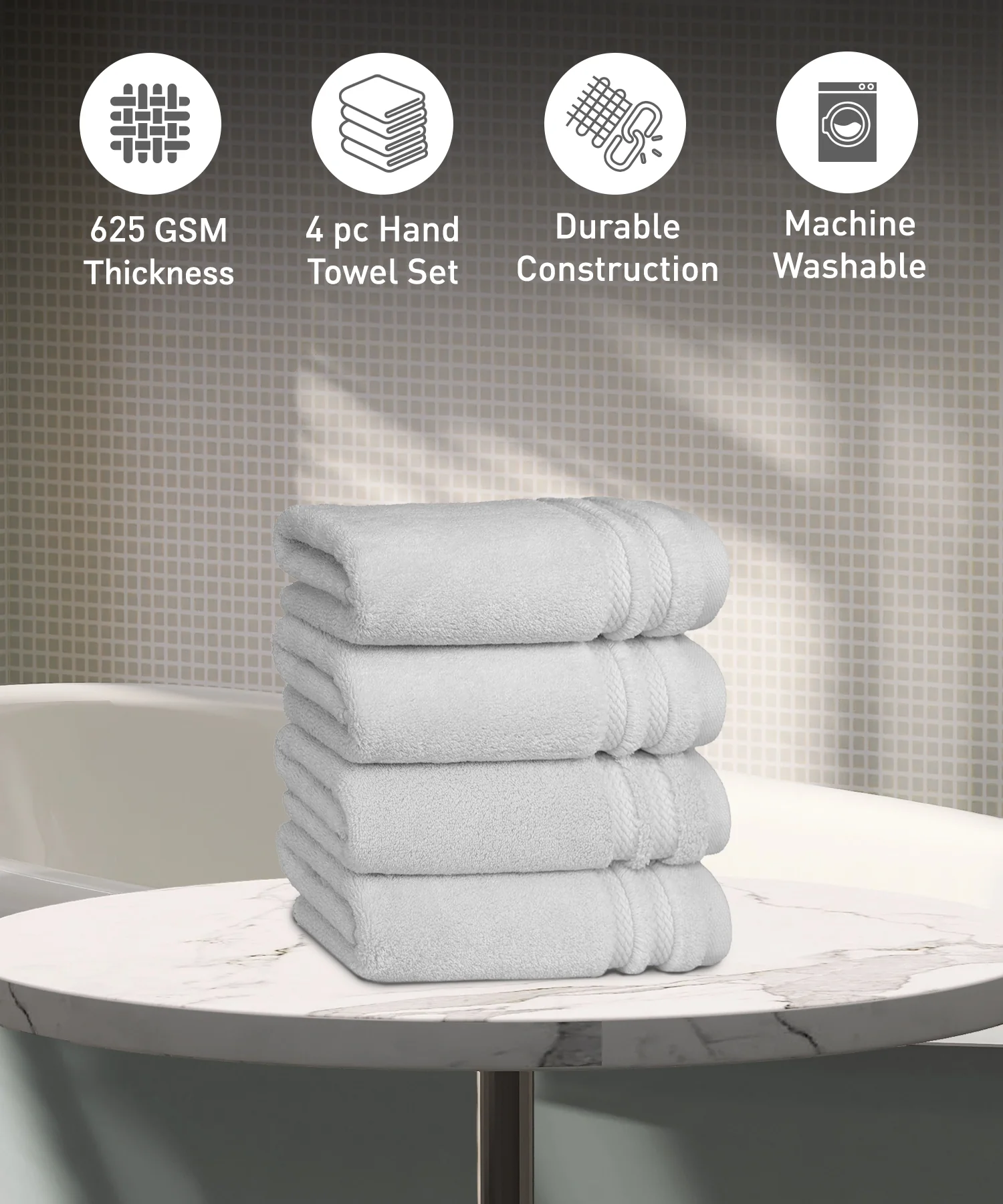 Luxury 4 PC Hand Towel Set, Grey|625 GSM Cotton|Anti Microbial - Image 2