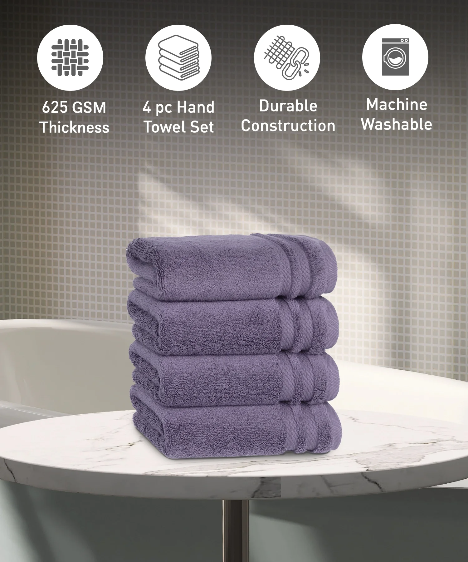 Luxury 4 PC Hand Towel Set, Purple|625 GSM Cotton|Anti Microbial - Image 2