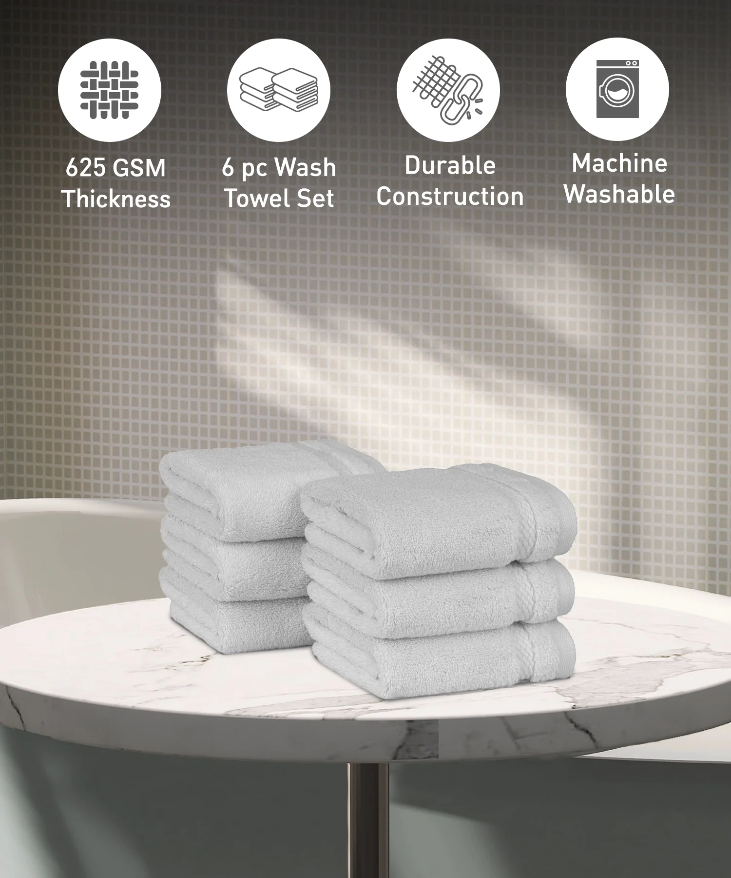 Luxury 6 PC Face Towel Set, Grey|625 GSM Cotton|Anti Microbial - Image 2