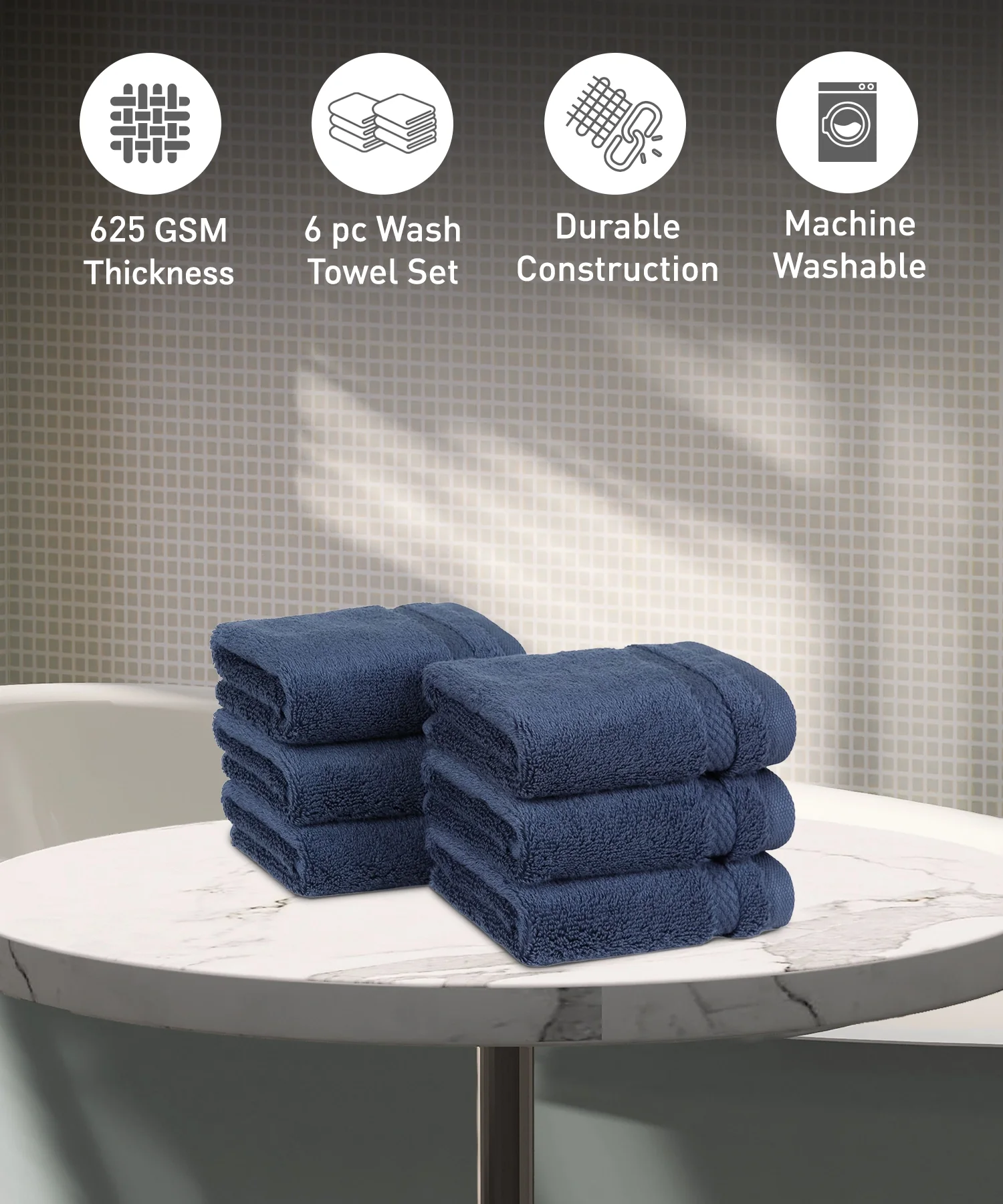 Luxury 6 PC Face Towel Set, Navy|625 GSM Cotton|Anti Microbial - Image 2