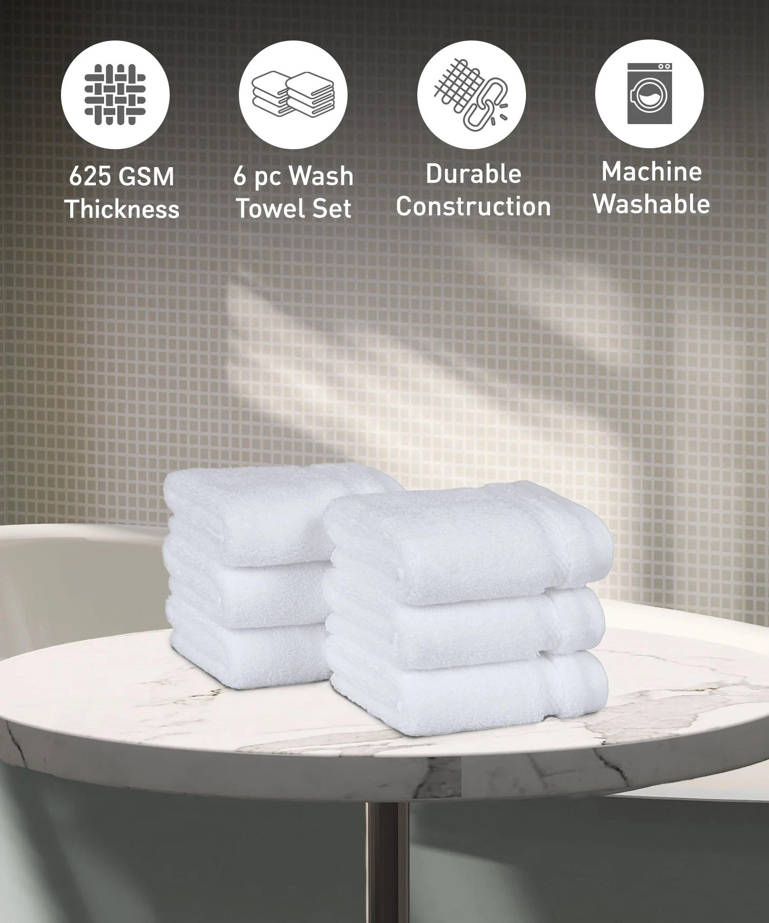 Luxury 6 PC Face Towel Set, White|625 GSM Cotton|Anti Microbial - Image 2