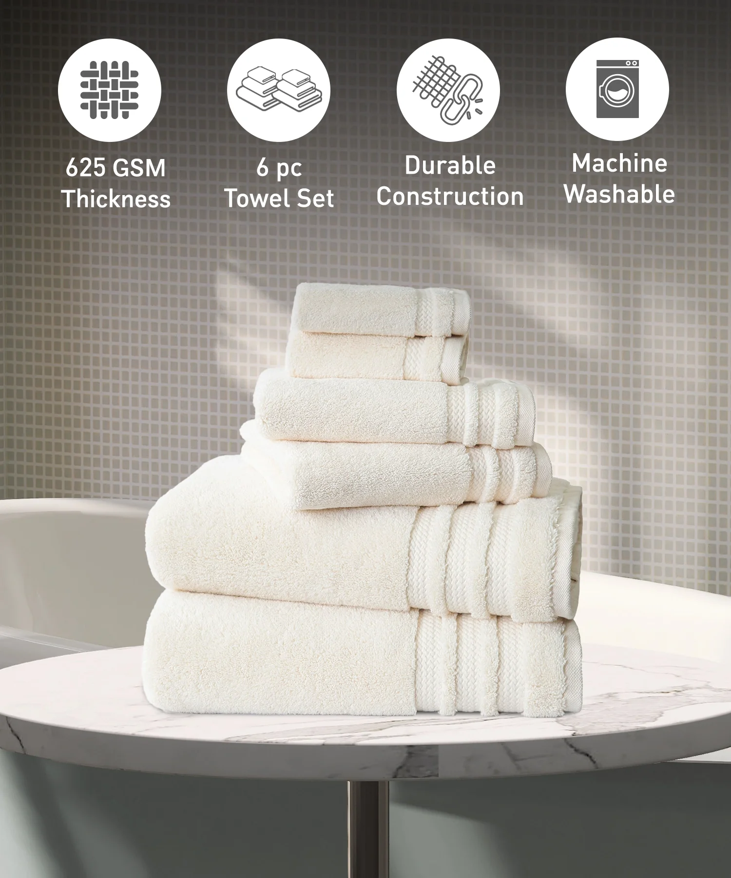 Luxury 6 PC Towel Set, Linen|625 GSM Cotton|Anti Microbial - Image 2