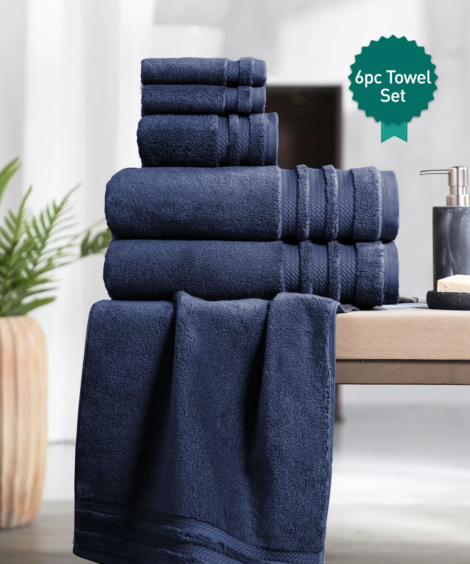Luxury 6 PC Towel Set, Navy|625 GSM Cotton|Anti Microbial
