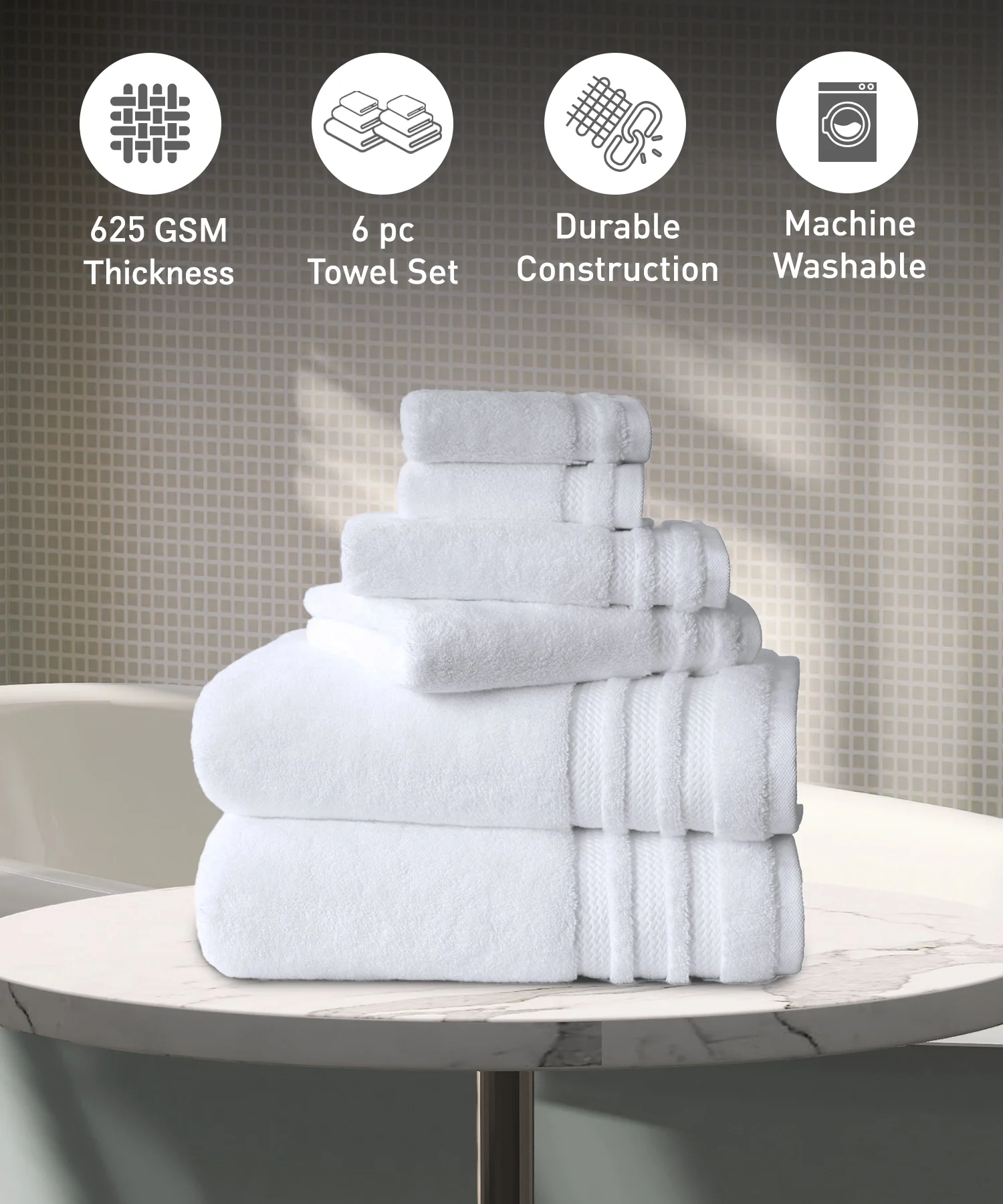 Luxury 6 PC Towel Set, White|625 GSM Cotton|Anti Microbial - Image 2