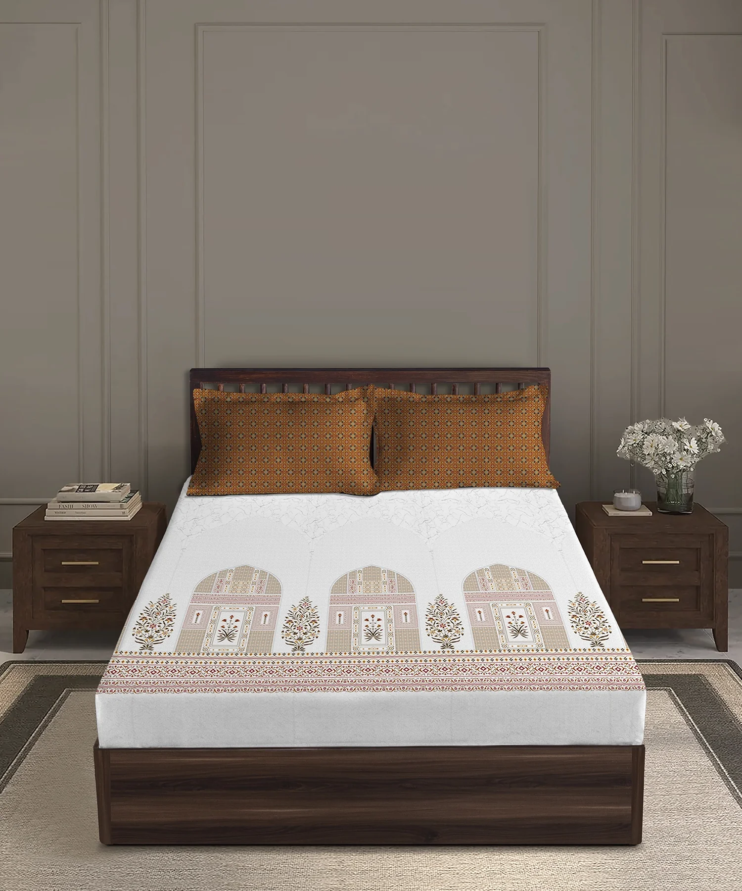 Gates Around The Globe King Bedsheet Set, Whitemyst| 180 TC Cotton| 2 Pillow Covers - Image 3