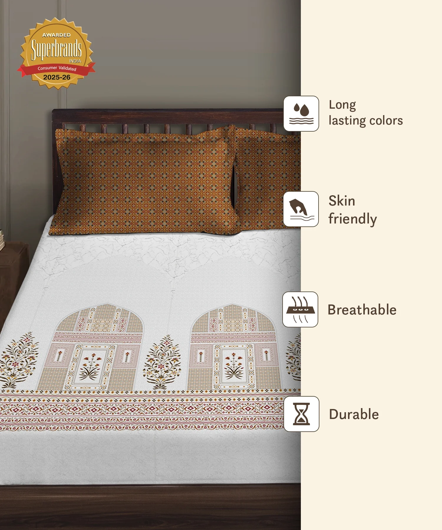 Gates Around The Globe King Fitted Bedsheet Set, Whitemyst| 180 TC Cotton| 2 Pillow Covers - Image 8