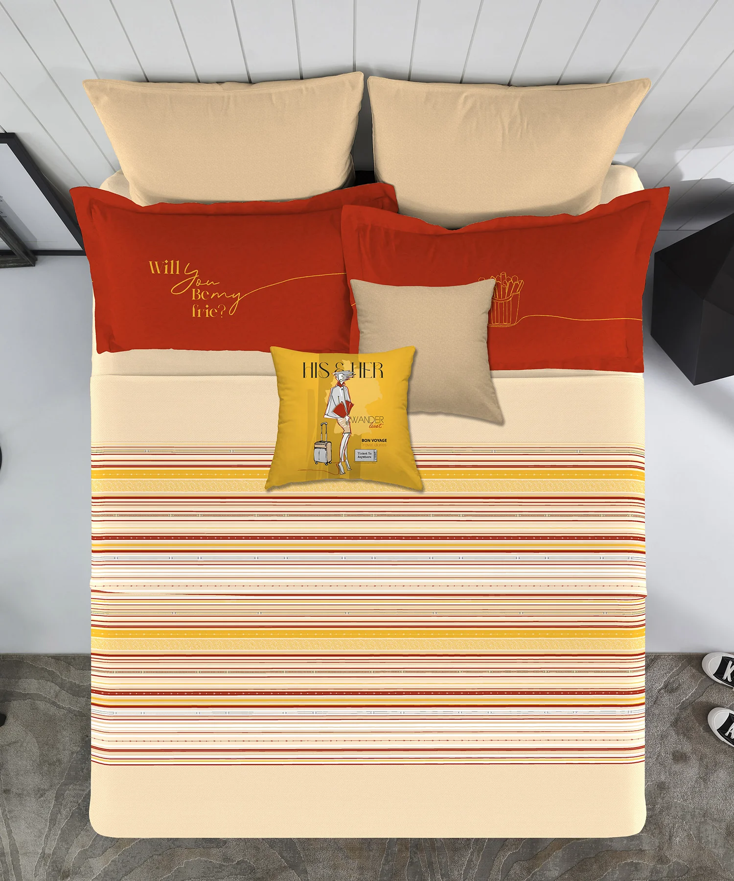 His & Her King Bedsheet Set, Be My Fries |144 TC Cotton| 2 Pillow Cover & 2 Cushion Covers - Image 4