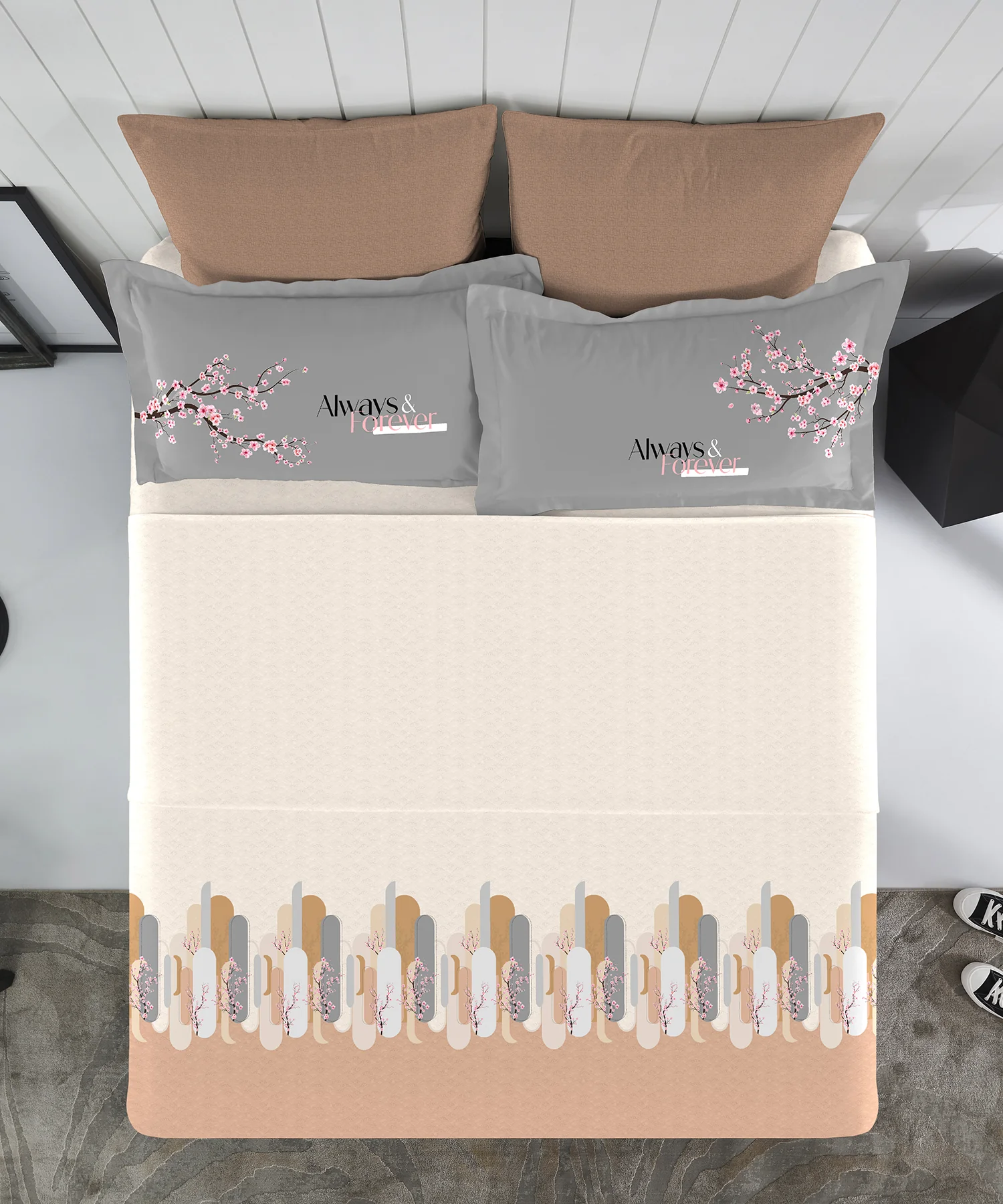 His & Her King Bedsheet Set, Japan Bloom|144 TC Cotton| 2 Pillow Cover & 2 Cushion Covers - Image 4