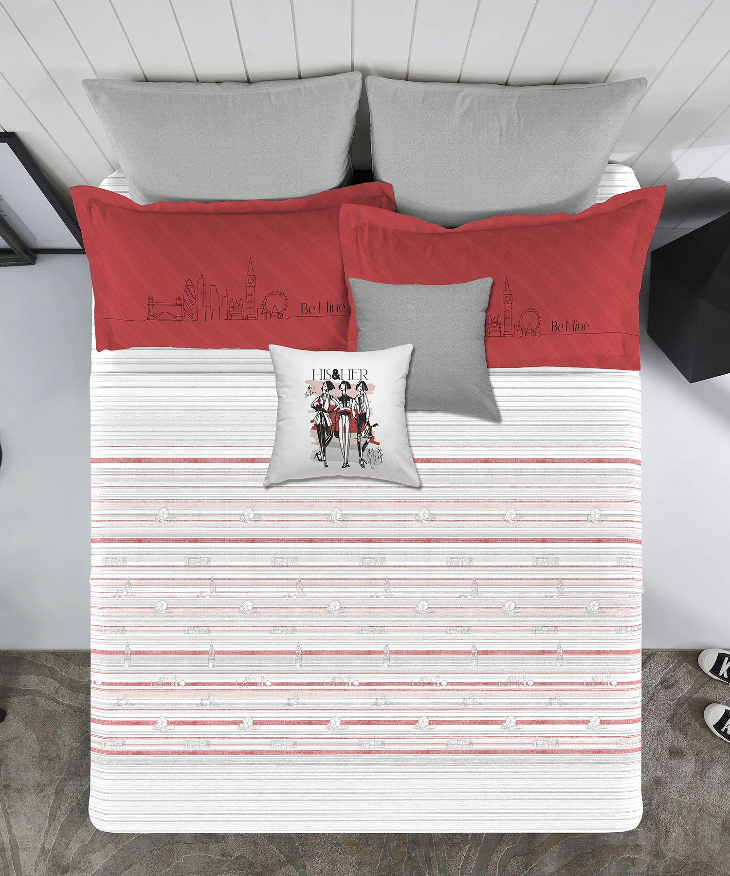 His & Her King Bedsheet Set, London Calling |144 TC Cotton| 2 Pillow Cover & 2 Cushion Covers - Image 4