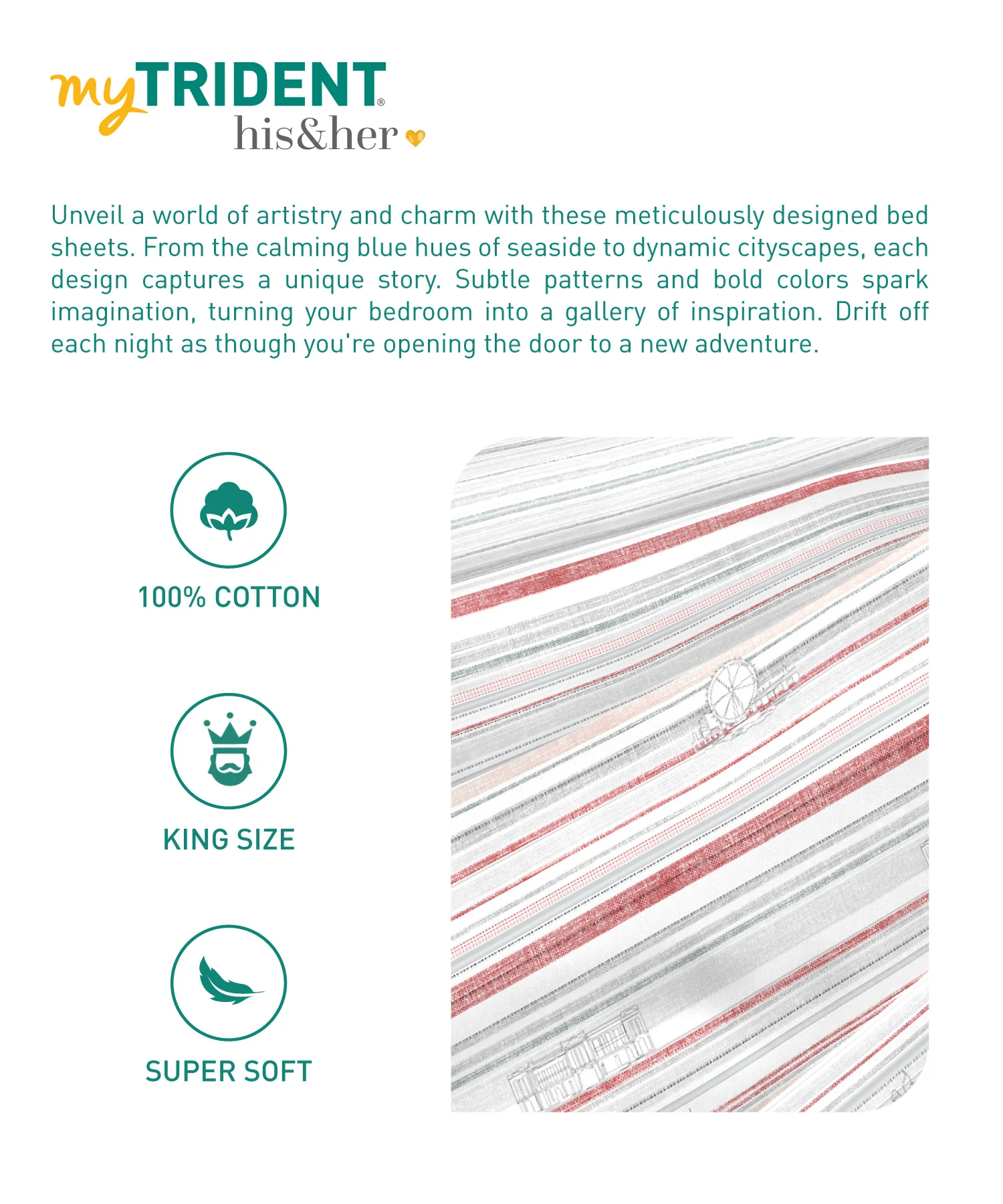His & Her King Bedsheet Set, London Calling |144 TC Cotton| 2 Pillow Cover & 2 Cushion Covers - Image 6