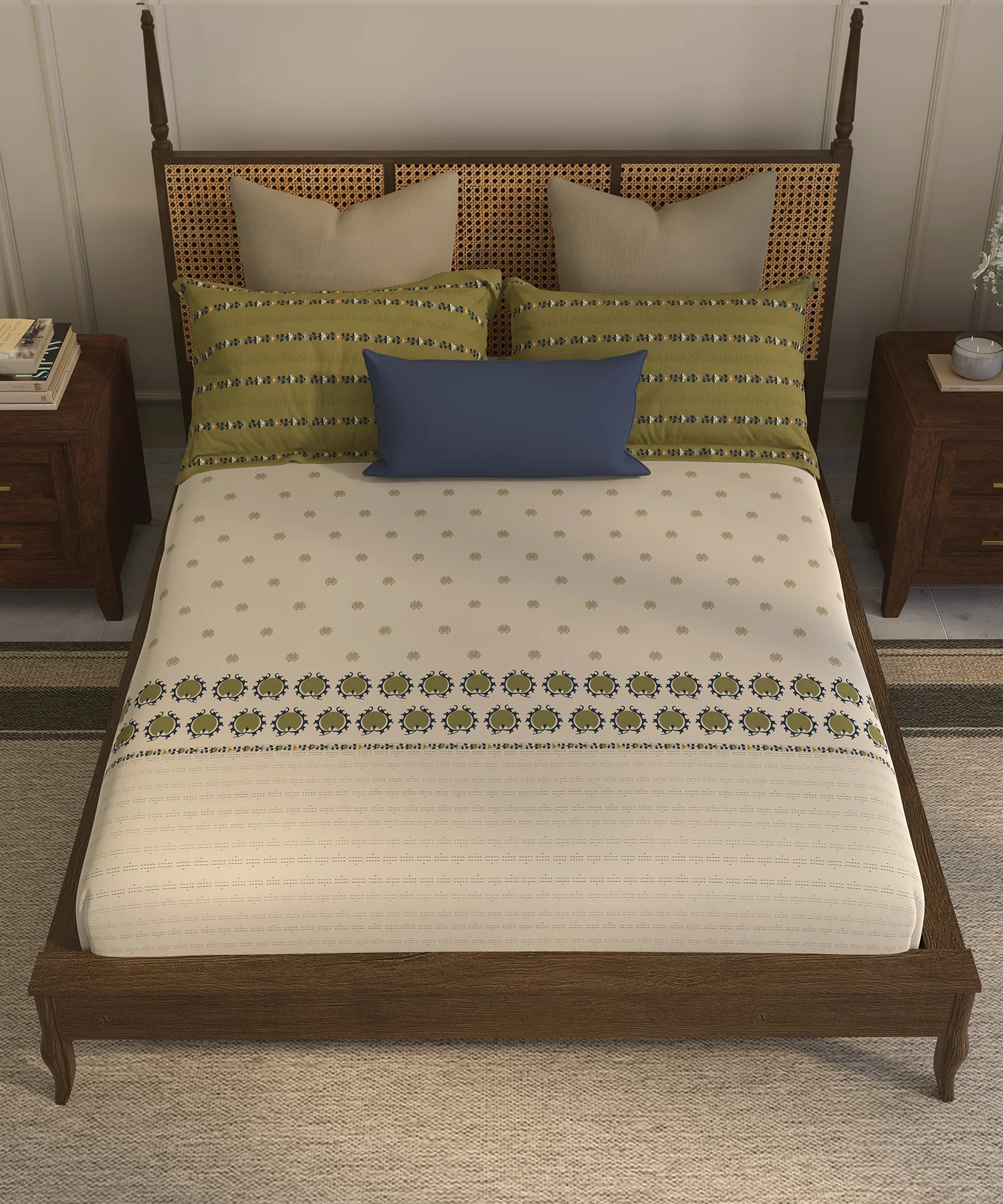 Home Essential Suzani King Fitted Bedsheet Set, Nagma|144 TC Cotton| 2 Pillow Covers - Image 2