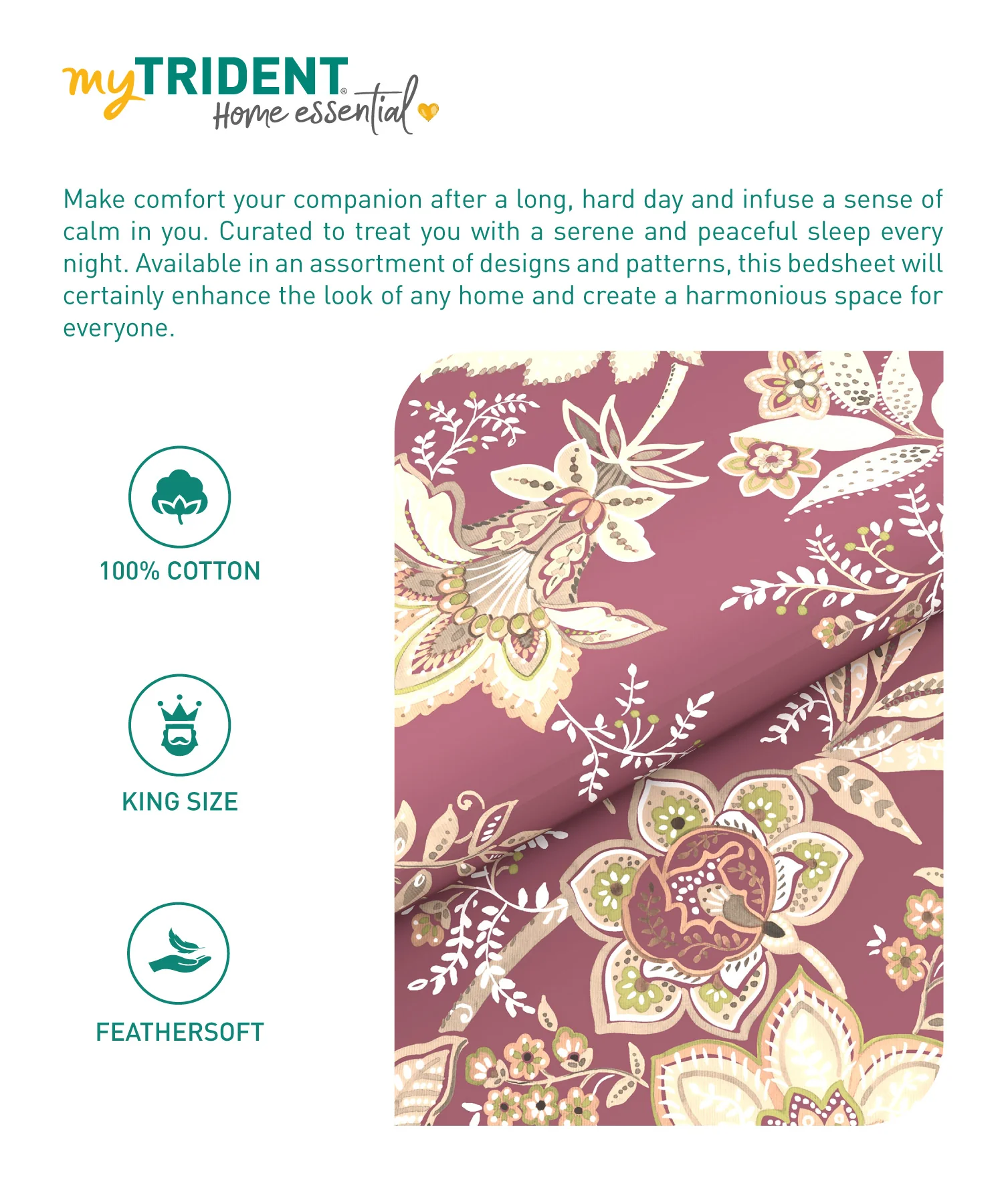 Home Essential King Printed Bedsheet, 144TC, 100% Cotton-Elaila Mauve - Image 8