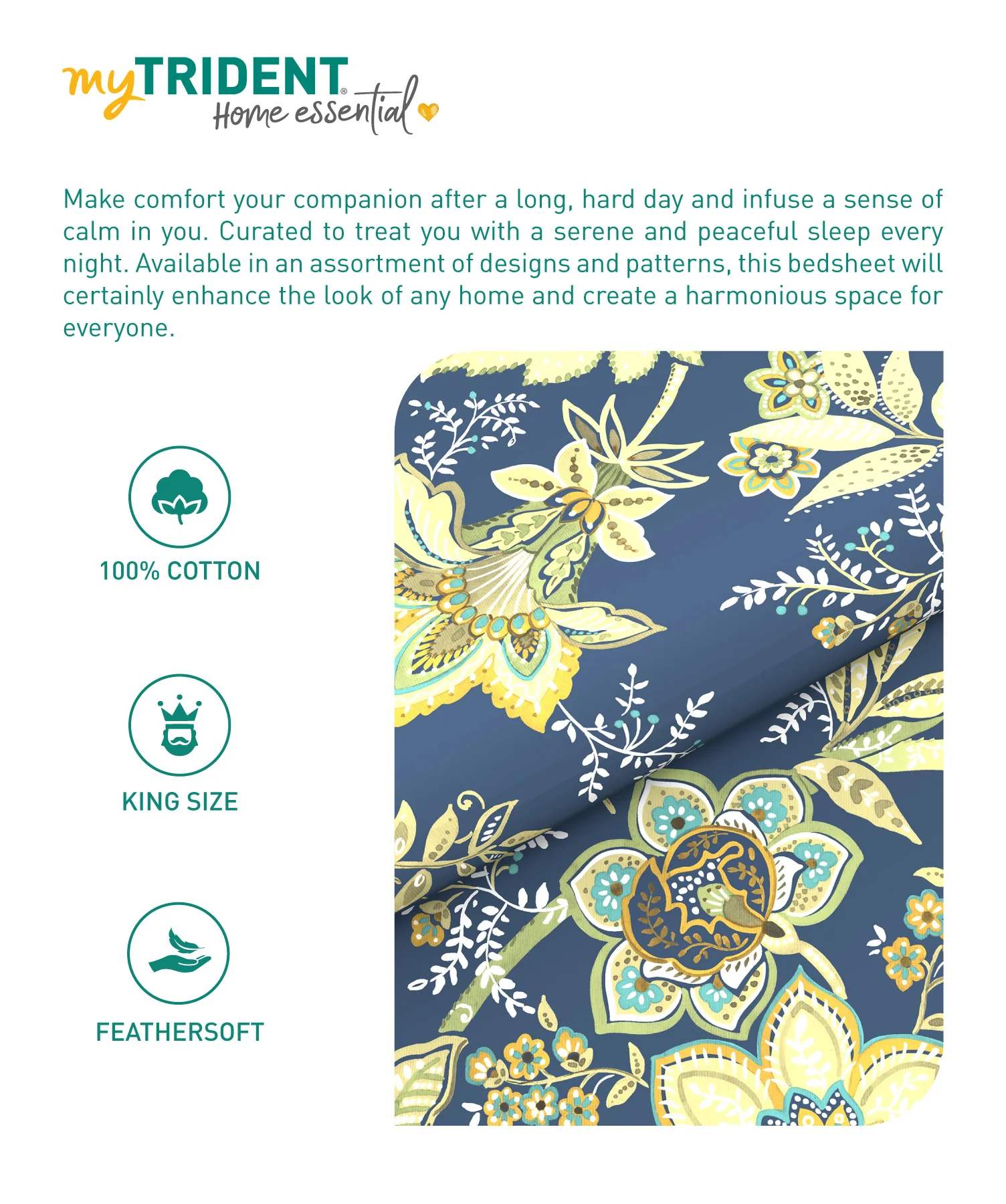 Home Essential King Printed Bedsheet, 144TC, 100% Cotton-Elaila Navy Blue - Image 8