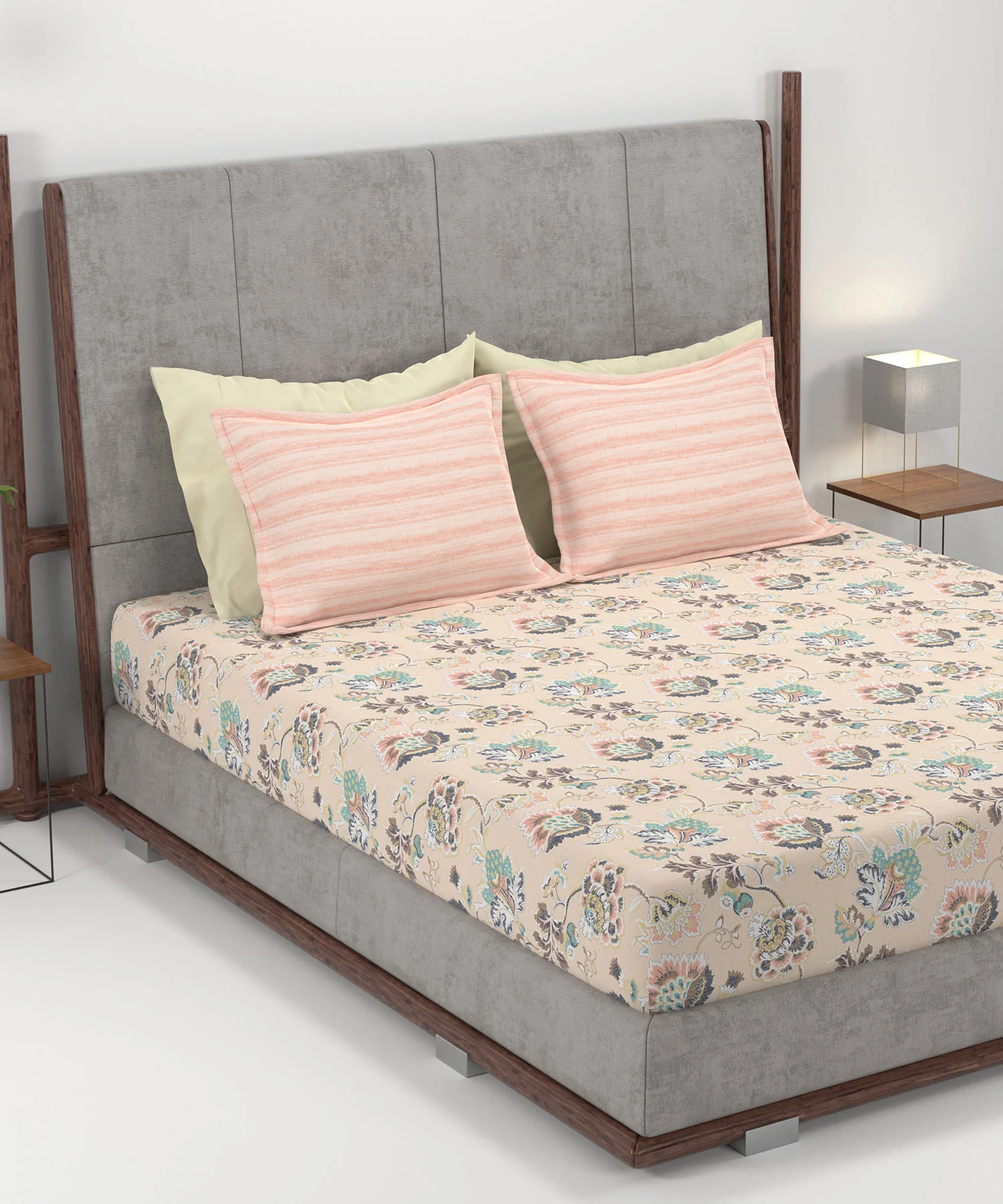 Home Essential King Printed Bedsheet, 144TC, 100% Cotton-Nayra Peach - Image 2