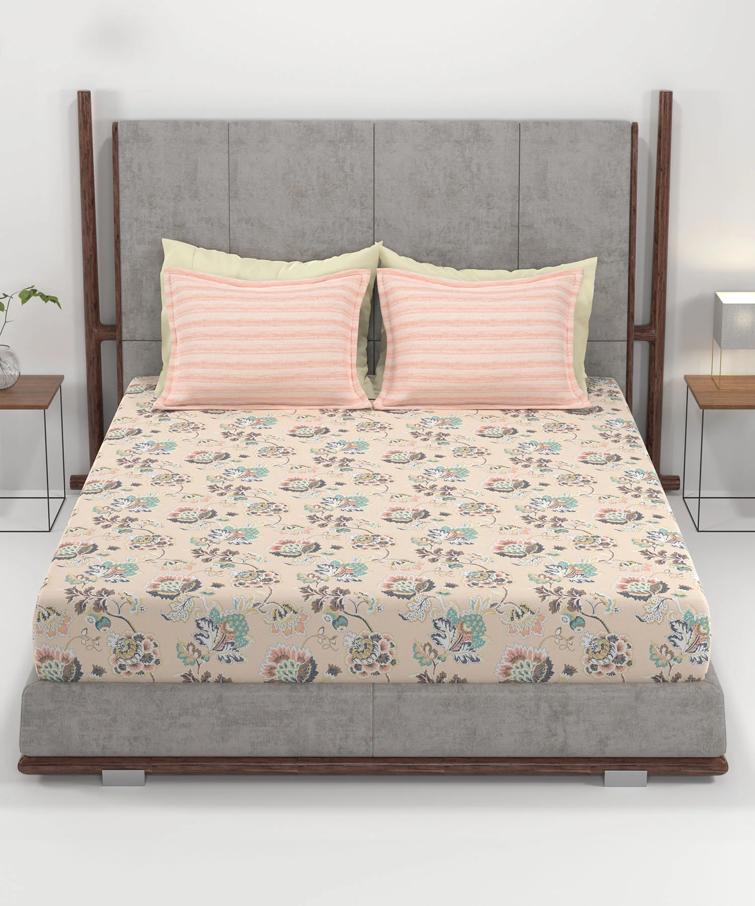 Home Essential King Printed Bedsheet, 144TC, 100% Cotton-Nayra Peach - Image 3