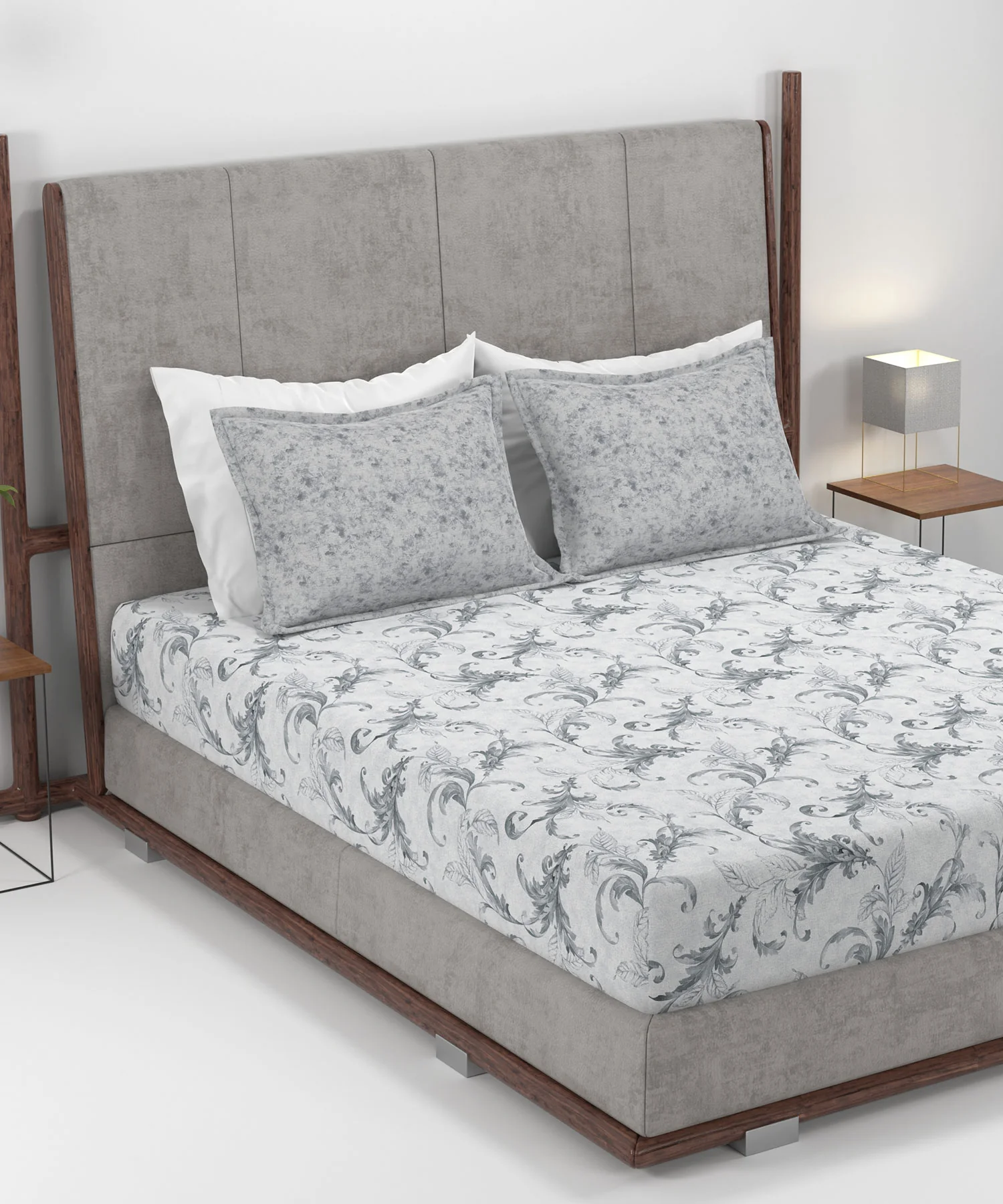 Home Essential King Printed Bedsheet, 144TC, 100% Cotton-Osiris Grey - Image 2