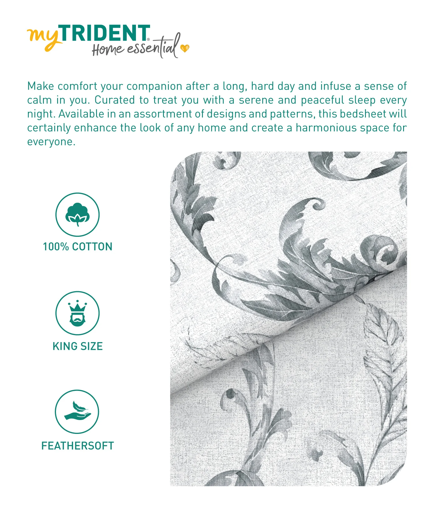 Home Essential King Printed Bedsheet, 144TC, 100% Cotton-Osiris Grey - Image 8