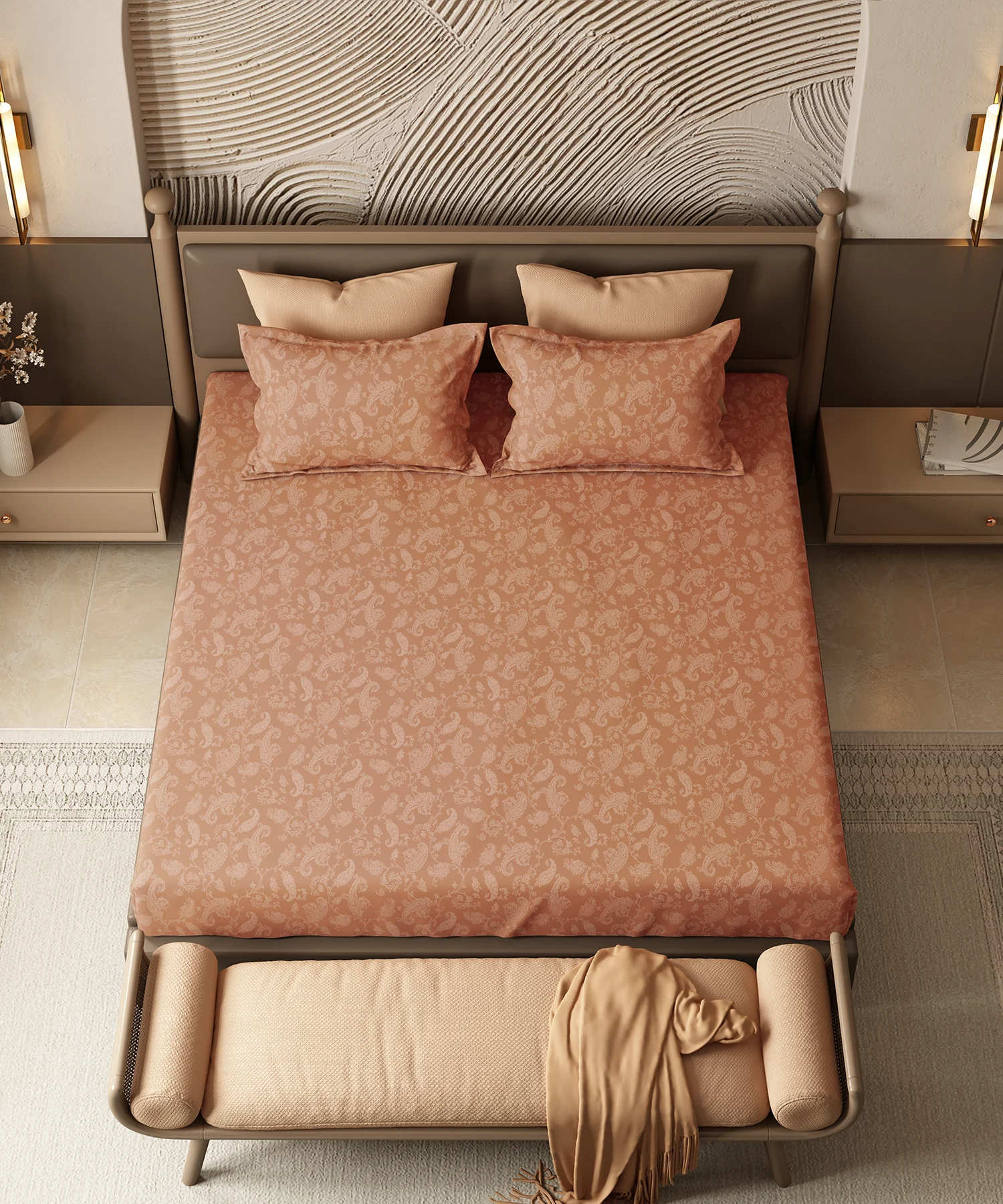 Home Essential Pastel Poetry Floral King Fitted Bedsheet, NITARA PAPAYA|144TC Cotton| 2 Pillow Covers - Image 2