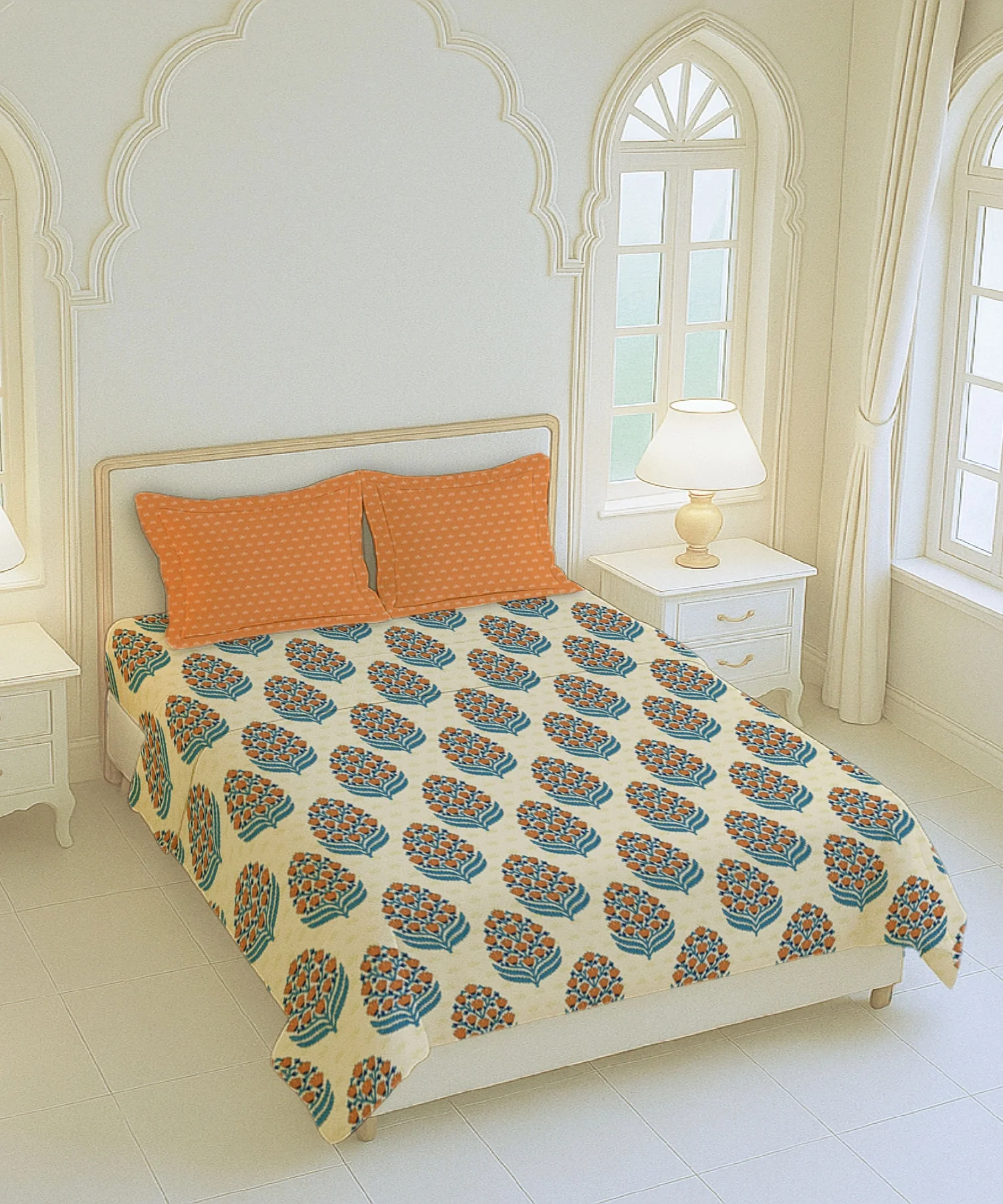 Home Essential Royal Bloom Queen Bedsheet Set, Dhalia Orange| 144TC Cotton| 2 Pillow Covers - Image 4