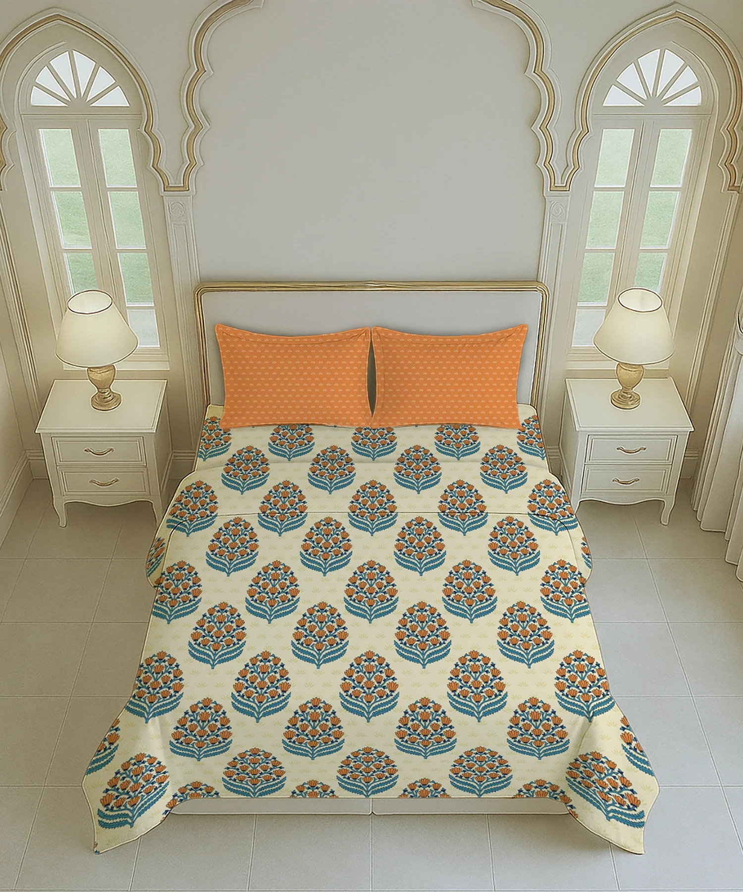 Home Essential Royal Bloom Queen Bedsheet Set, Dhalia Orange| 144TC Cotton| 2 Pillow Covers - Image 5