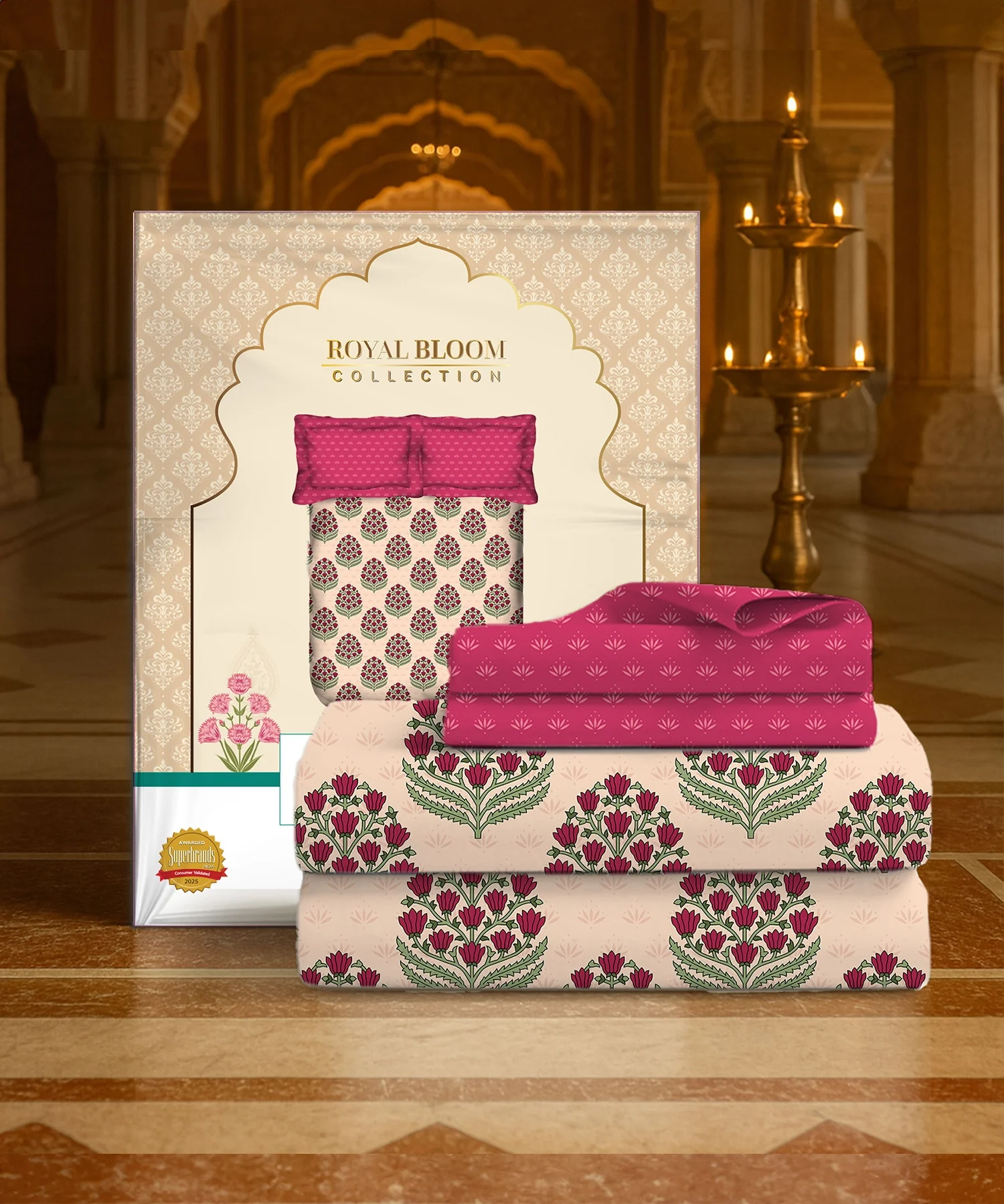 Home Essential Royal Bloom Queen Bedsheet Set, Dhalia Pink| 144TC Cotton| 2 Pillow Covers - Image 2