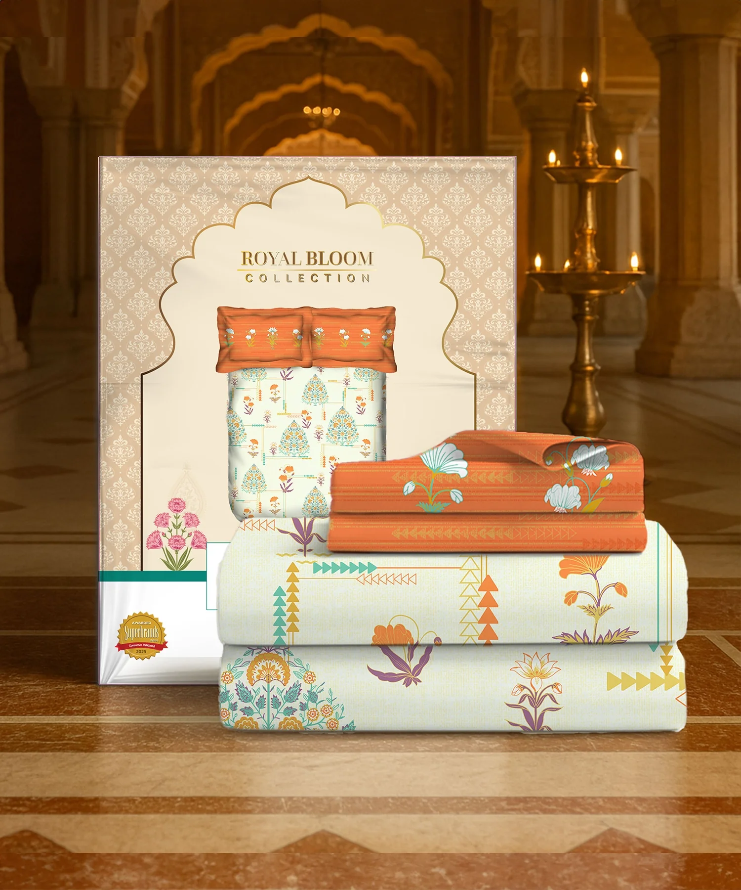 Home Essential Royal Bloom Queen Bedsheet Set, Gilded Dream Orange| 144TC Cotton| 2 Pillow Covers - Image 2