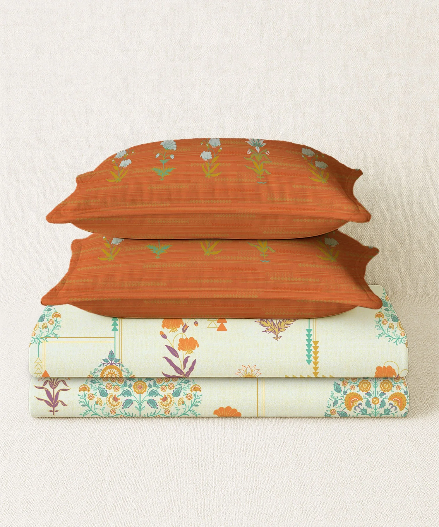 Home Essential Royal Bloom Queen Bedsheet Set, Gilded Dream Orange| 144TC Cotton| 2 Pillow Covers - Image 3