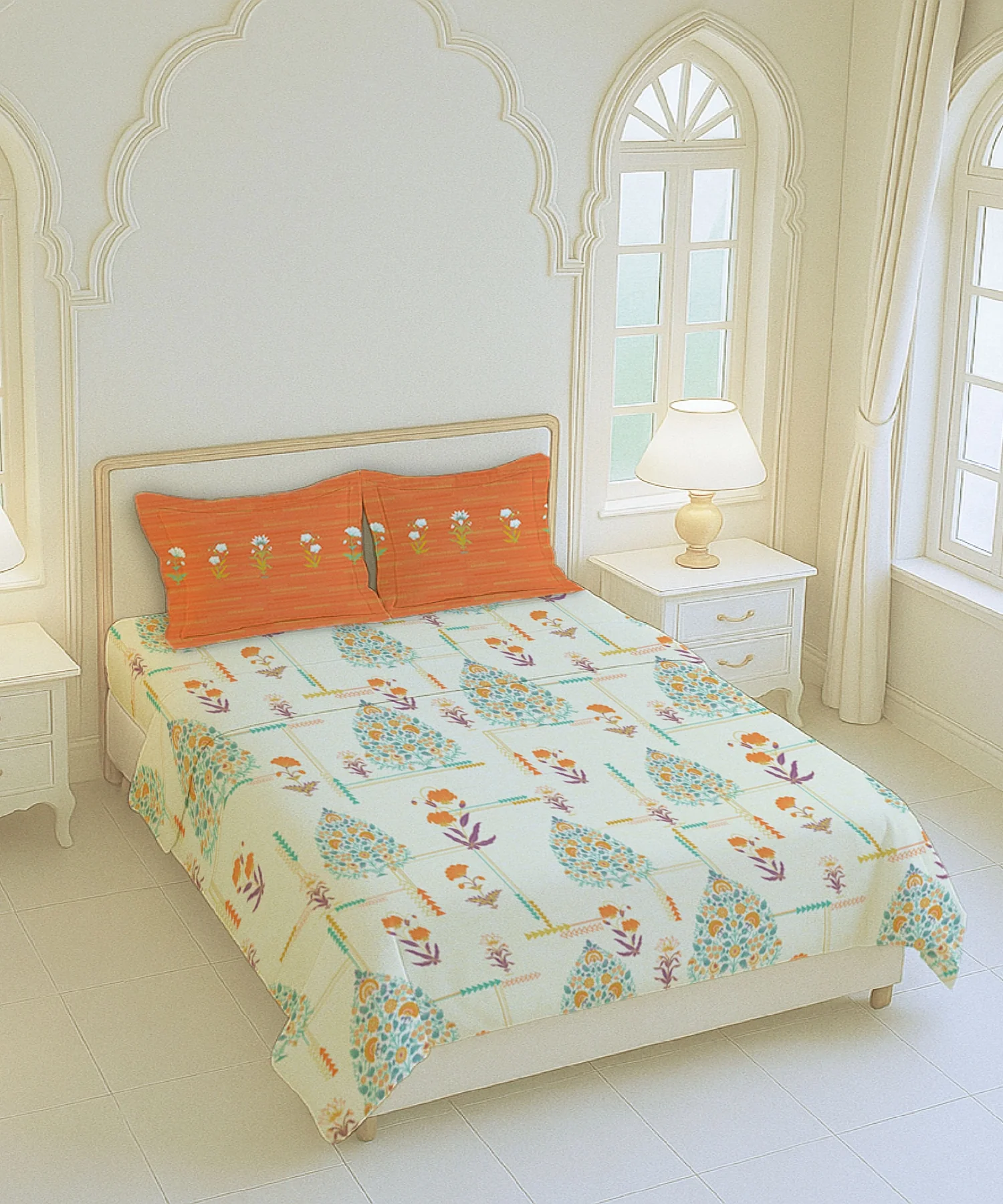 Home Essential Royal Bloom Queen Bedsheet Set, Gilded Dream Orange| 144TC Cotton| 2 Pillow Covers - Image 4
